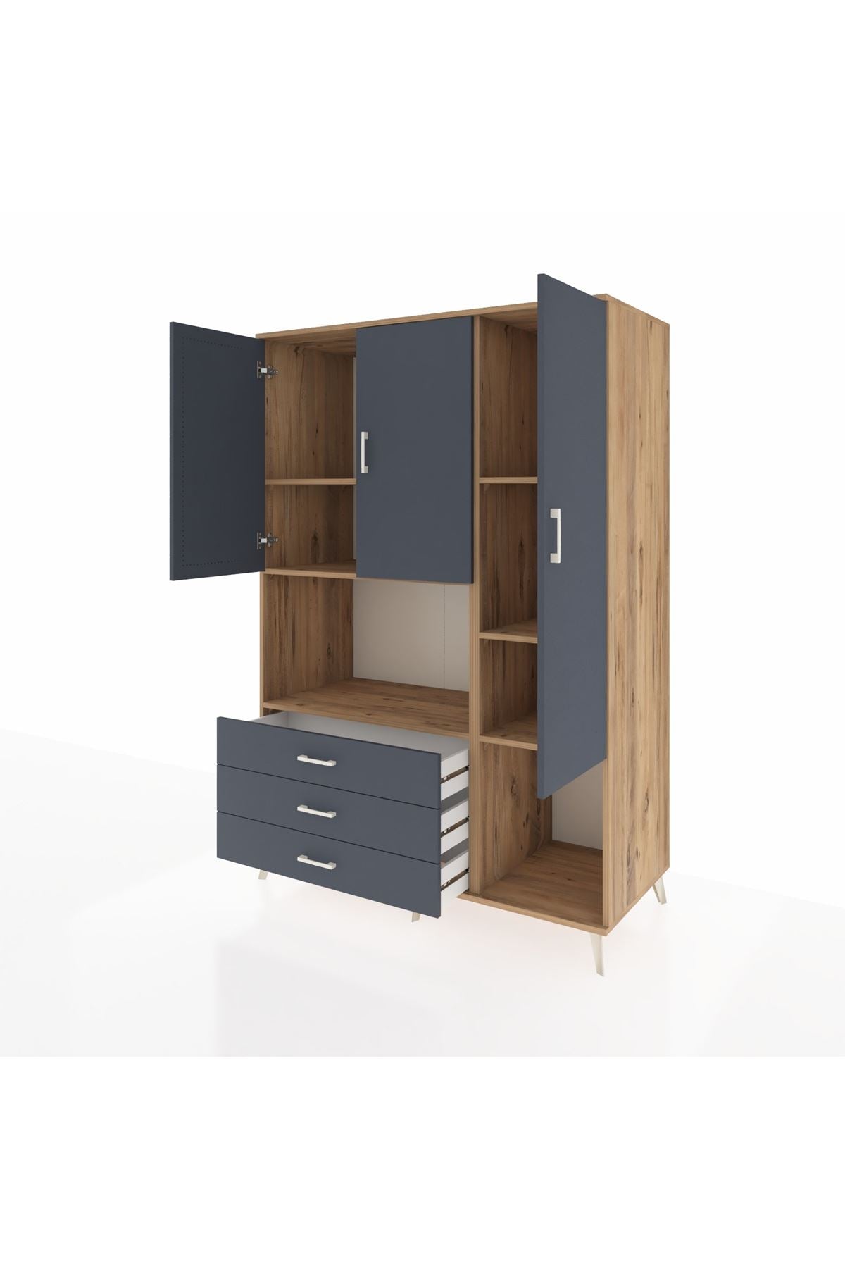 Kronos Dolap 6 Raflı 3 Çekmeceli 3 Kapaklı 132x59x195 Çam-Antrasit/Antrasit