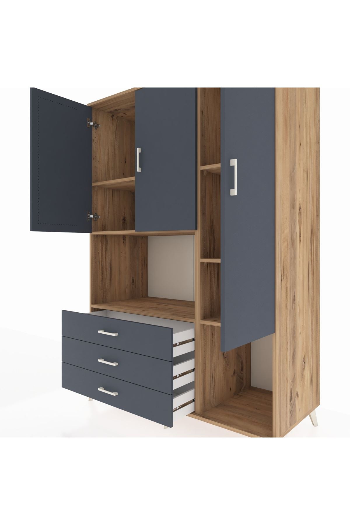 Kronos Dolap 6 Raflı 3 Çekmeceli 3 Kapaklı 132x59x195 Çam-Antrasit/Antrasit