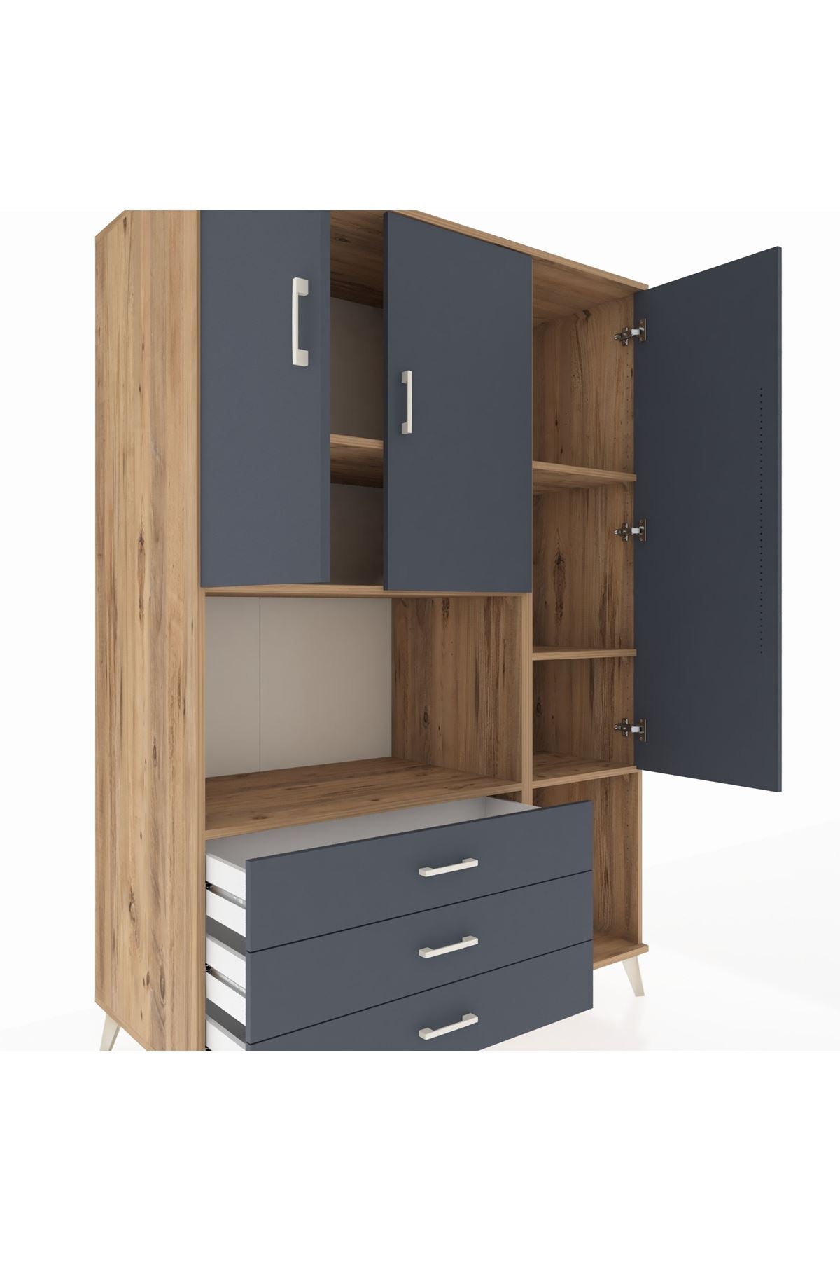 Kronos Dolap 6 Raflı 3 Çekmeceli 3 Kapaklı 132x59x195 Çam-Antrasit/Antrasit