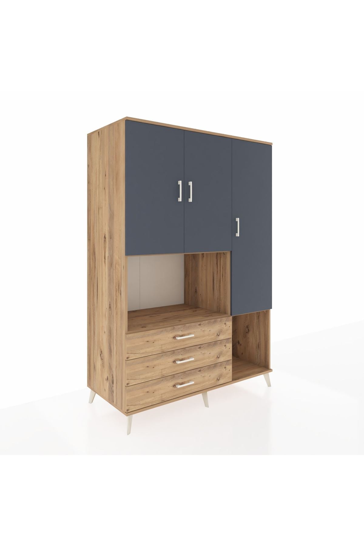 Kronos Dolap 6 Raflı 3 Çekmeceli 3 Kapaklı 132x59x195 Çam-Antrasit/Çam