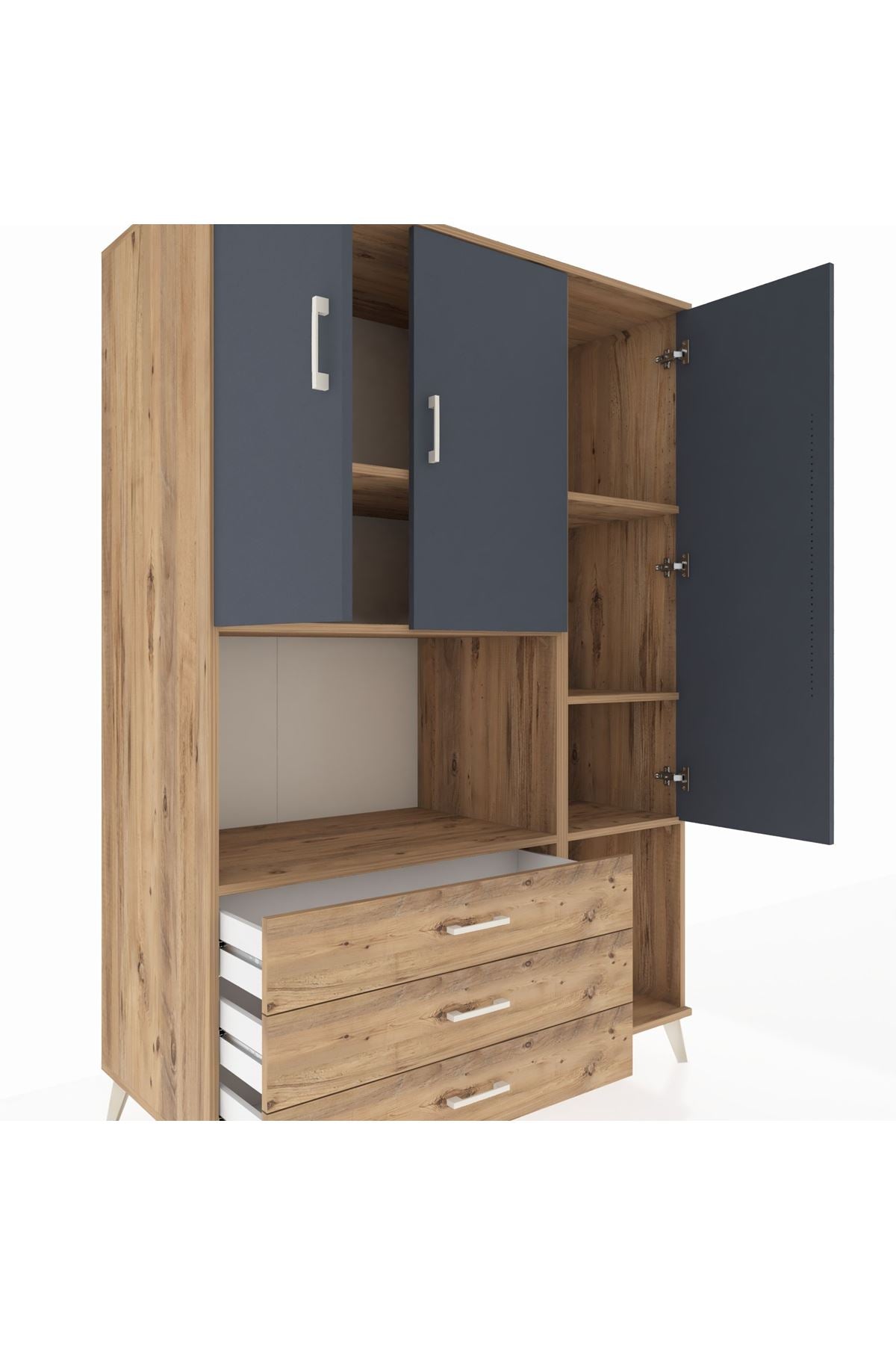 Kronos Dolap 6 Raflı 3 Çekmeceli 3 Kapaklı 132x59x195 Çam-Antrasit/Çam