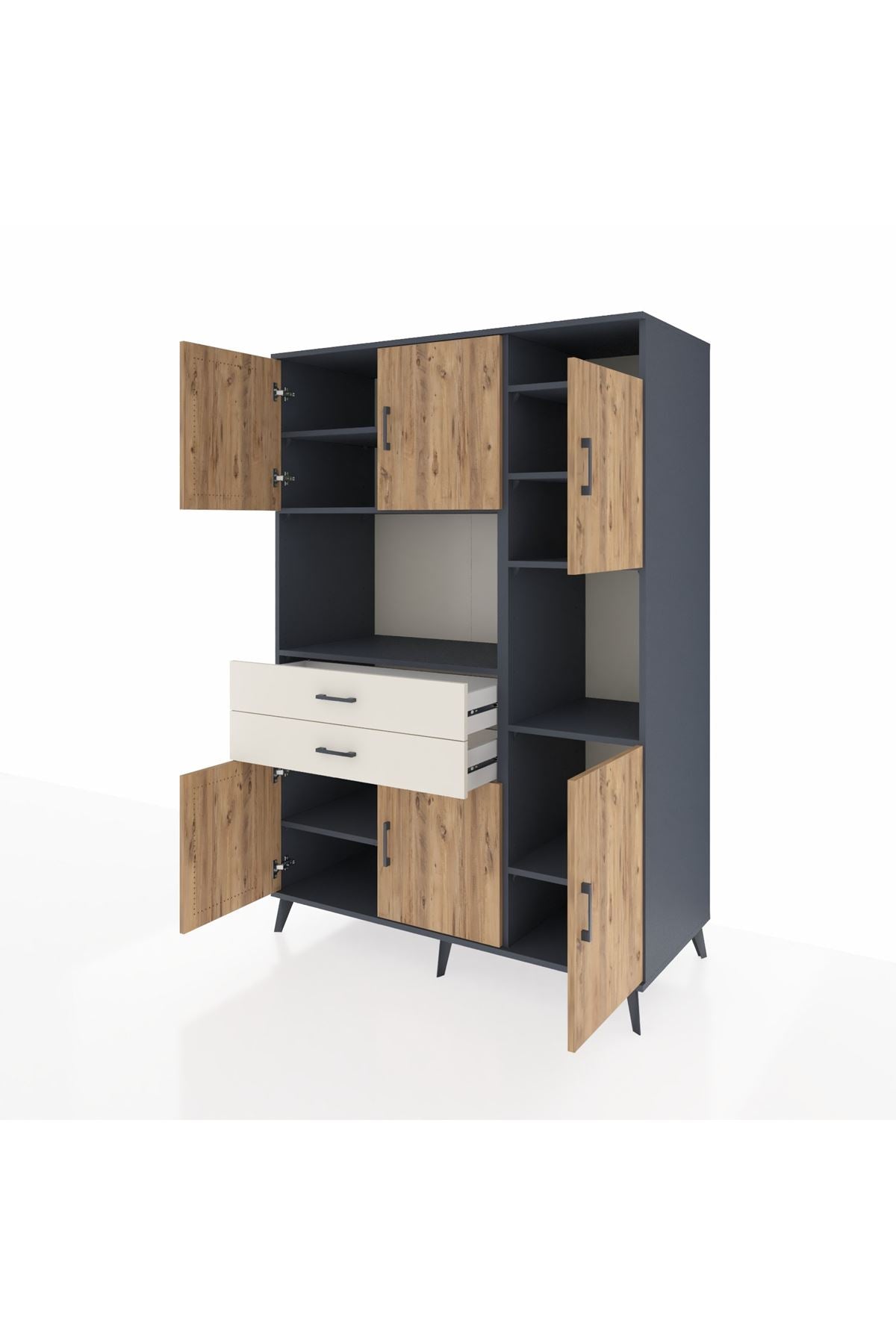 Kronos Dolap 9 Raflı 2 Çekmeceli 6 Kapaklı 132x59x195 Antrasit-Çam/Aytaşı