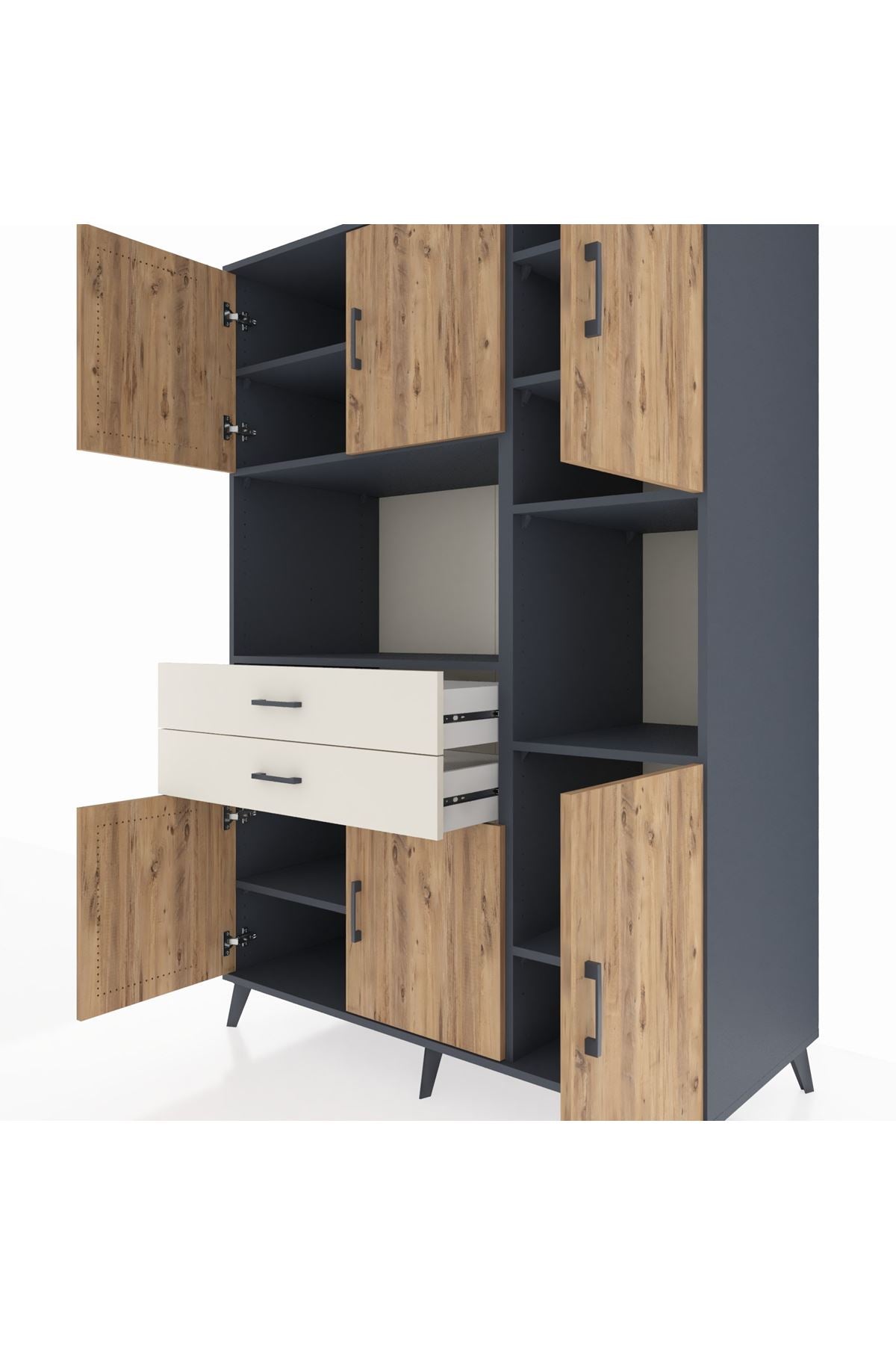 Kronos Dolap 9 Raflı 2 Çekmeceli 6 Kapaklı 132x59x195 Antrasit-Çam/Aytaşı