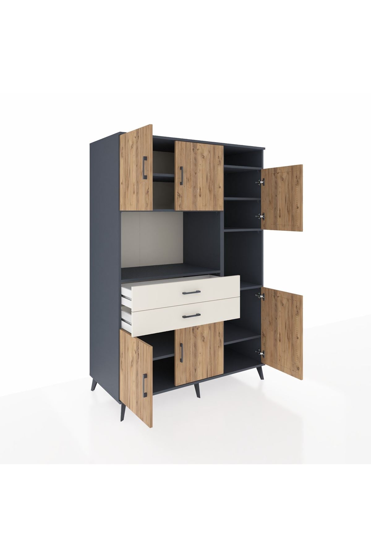 Kronos Dolap 9 Raflı 2 Çekmeceli 6 Kapaklı 132x59x195 Antrasit-Çam/Aytaşı