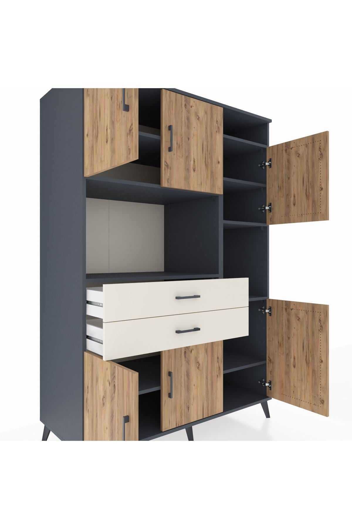 Kronos Dolap 9 Raflı 2 Çekmeceli 6 Kapaklı 132x59x195 Antrasit-Çam/Aytaşı