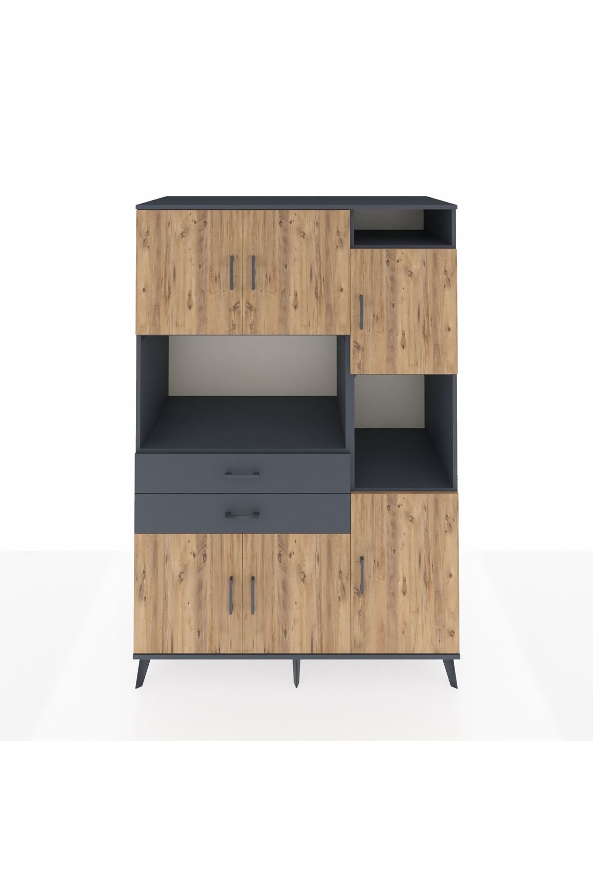 Kronos Dolap 9 Raflı 2 Çekmeceli 6 Kapaklı 132x59x195 Antrasit-Çam/Antrasit