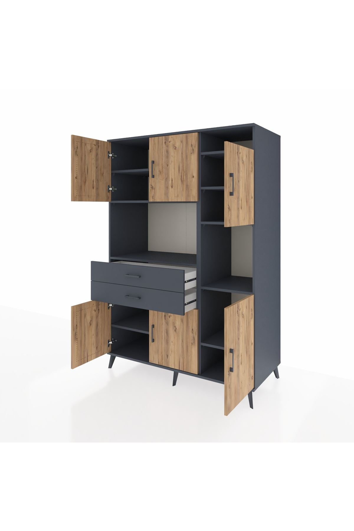 Kronos Dolap 9 Raflı 2 Çekmeceli 6 Kapaklı 132x59x195 Antrasit-Çam/Antrasit