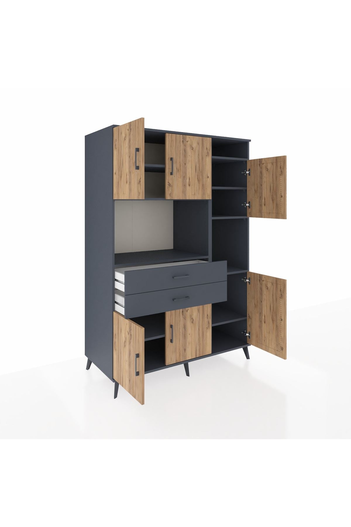 Kronos Dolap 9 Raflı 2 Çekmeceli 6 Kapaklı 132x59x195 Antrasit-Çam/Antrasit