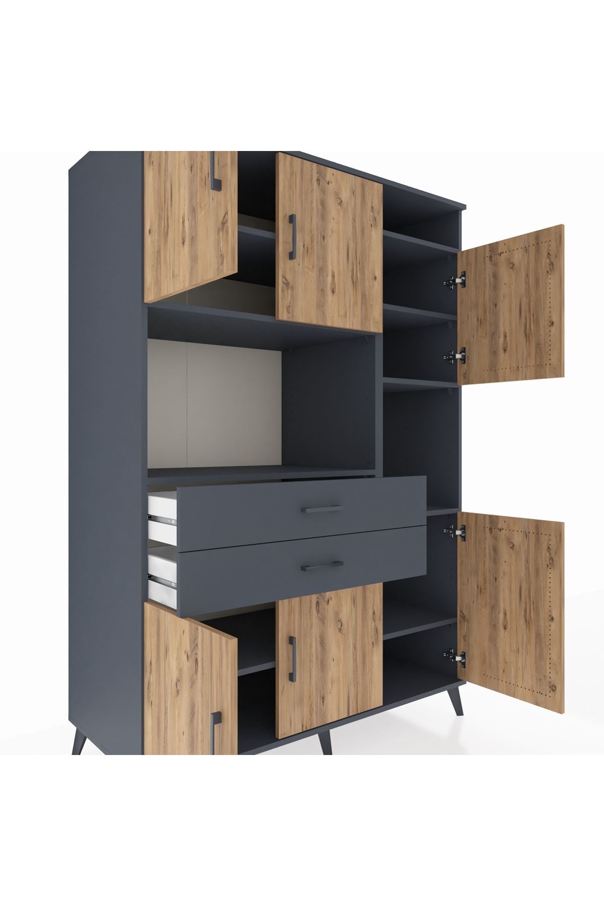 Kronos Dolap 9 Raflı 2 Çekmeceli 6 Kapaklı 132x59x195 Antrasit-Çam/Antrasit