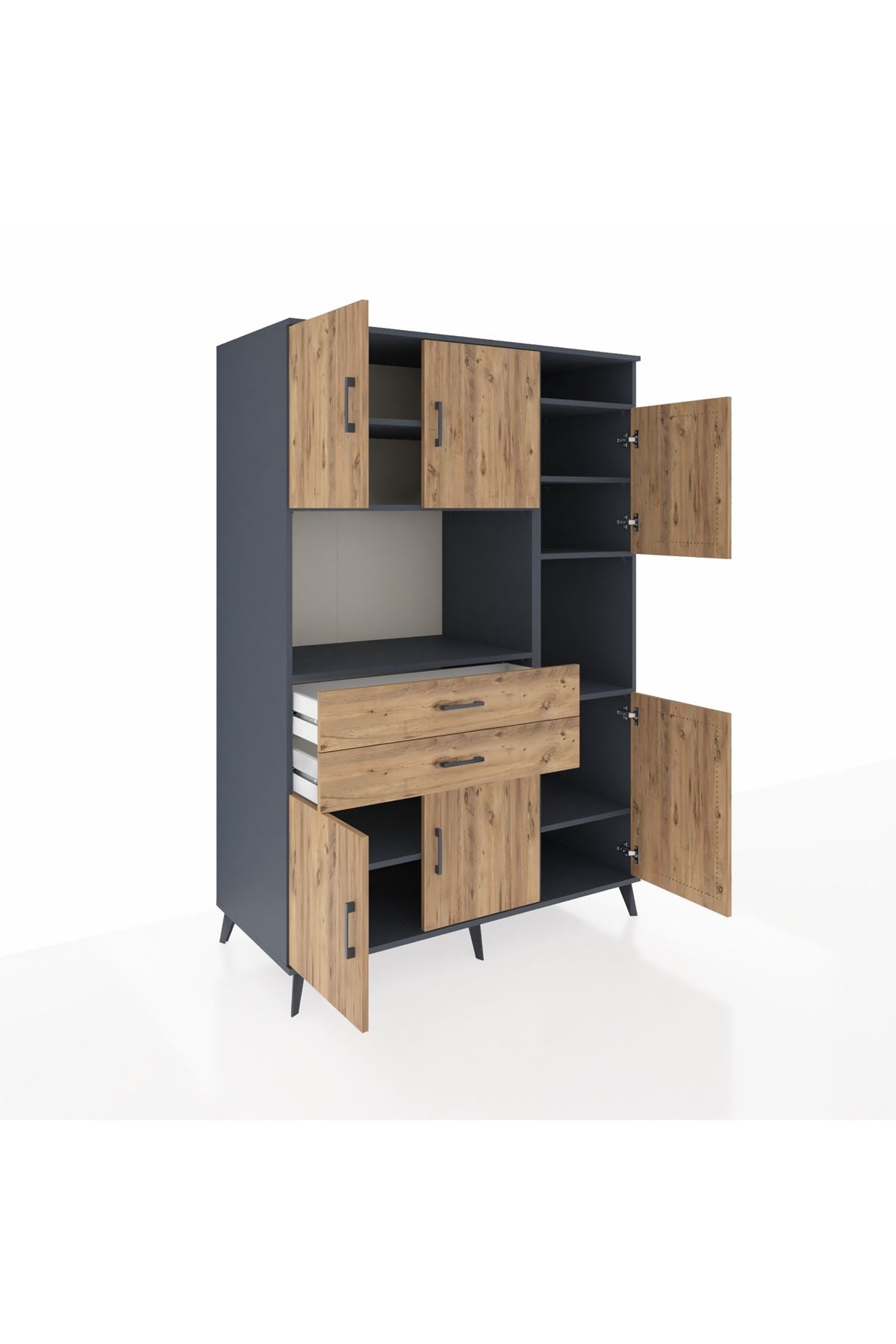 Kronos Dolap 9 Raflı 2 Çekmeceli 6 Kapaklı 132x59x195 Antrasit-Çam/Çam