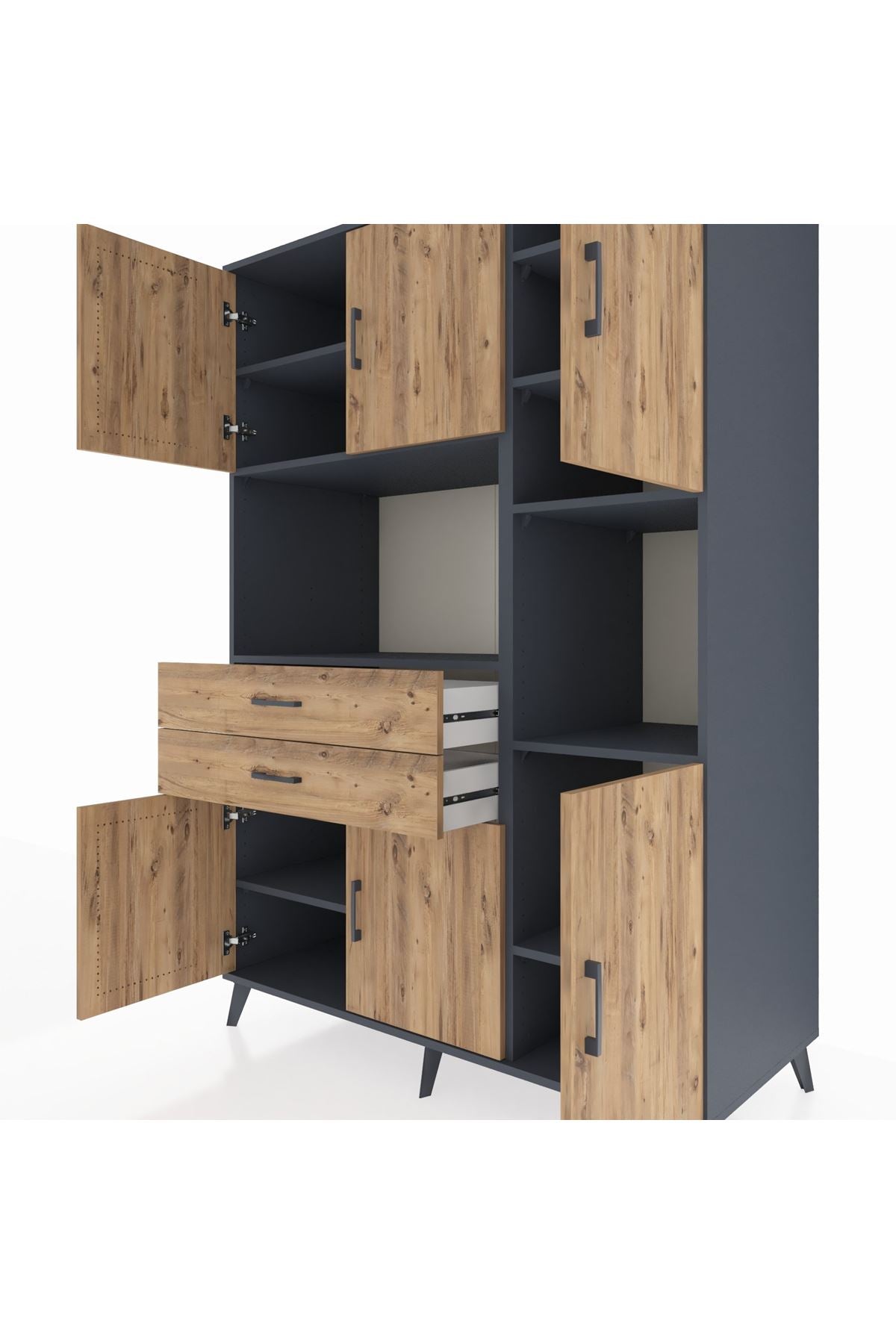 Kronos Dolap 9 Raflı 2 Çekmeceli 6 Kapaklı 132x59x195 Antrasit-Çam/Çam