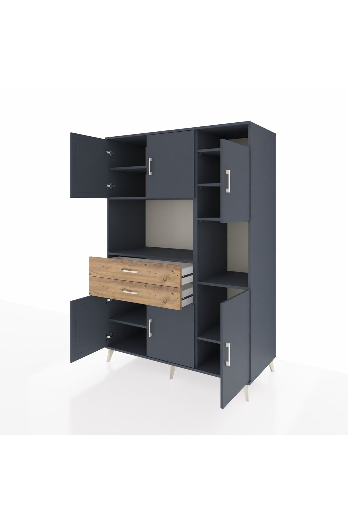 Kronos Dolap 9 Raflı 2 Çekmeceli 6 Kapaklı 132x59x195 Antrasit-Antrasit/Çam