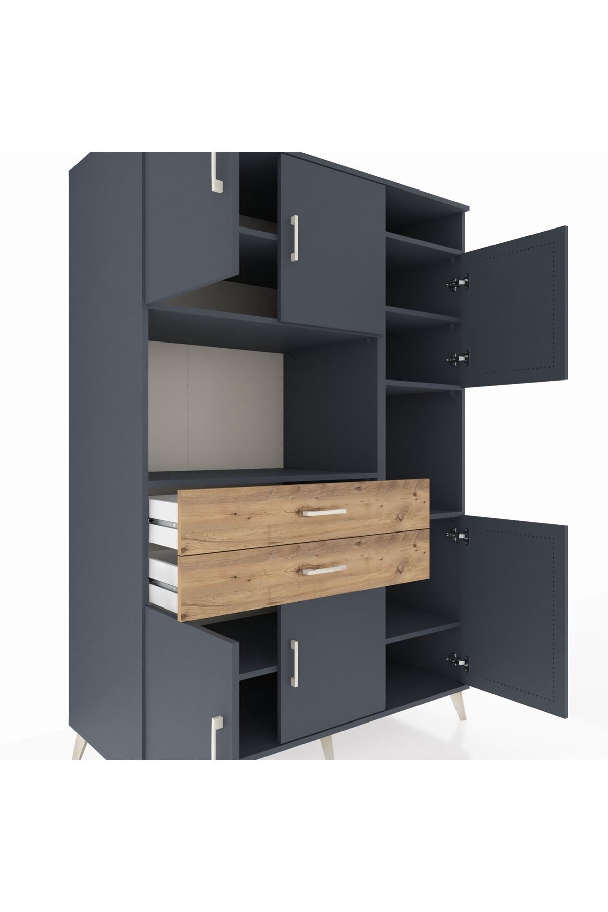 Kronos Dolap 9 Raflı 2 Çekmeceli 6 Kapaklı 132x59x195 Antrasit-Antrasit/Çam