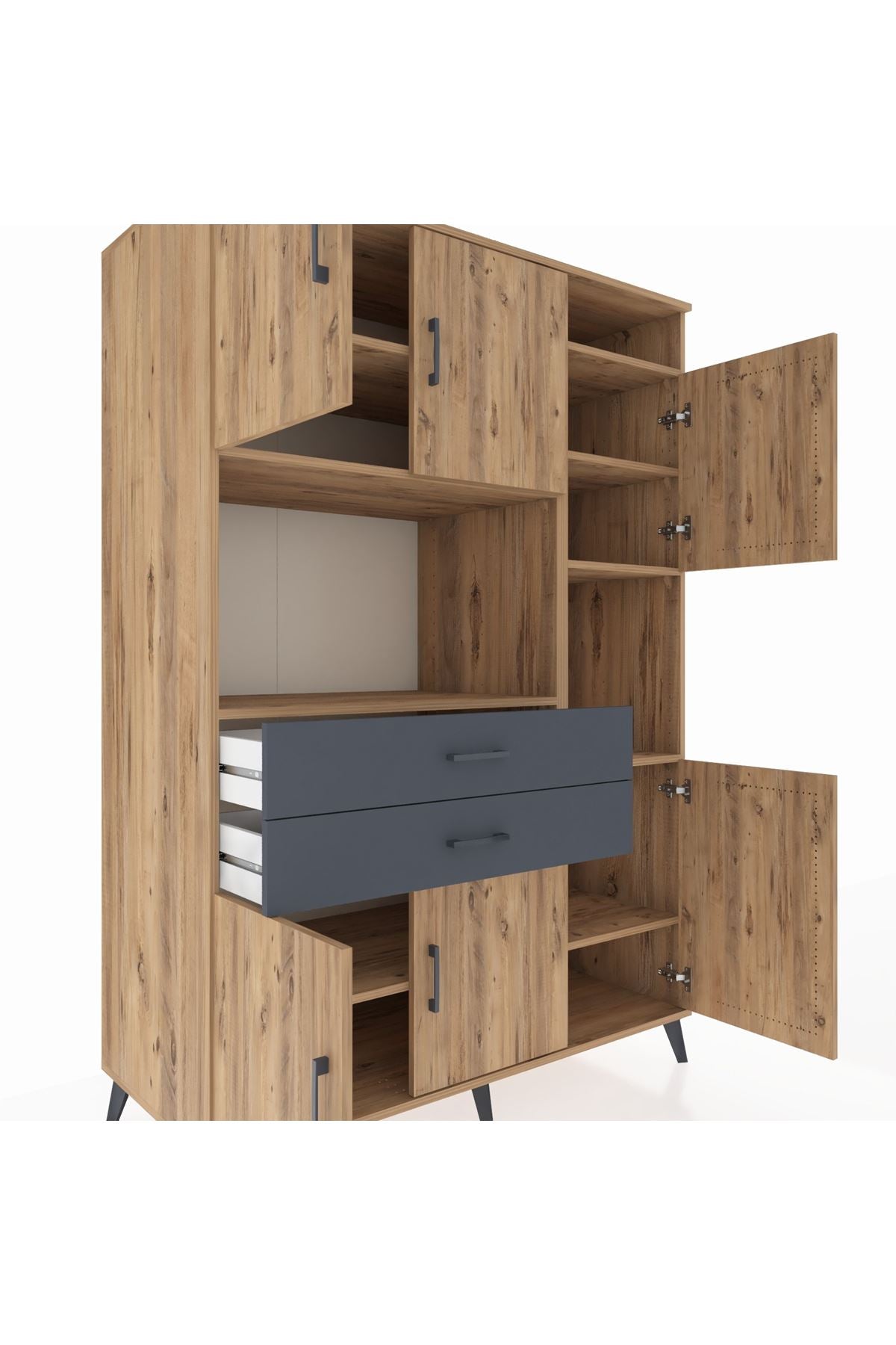 Kronos Dolap 9 Raflı 2 Çekmeceli 6 Kapaklı 132x59x195 Çam-Çam/Antrasit