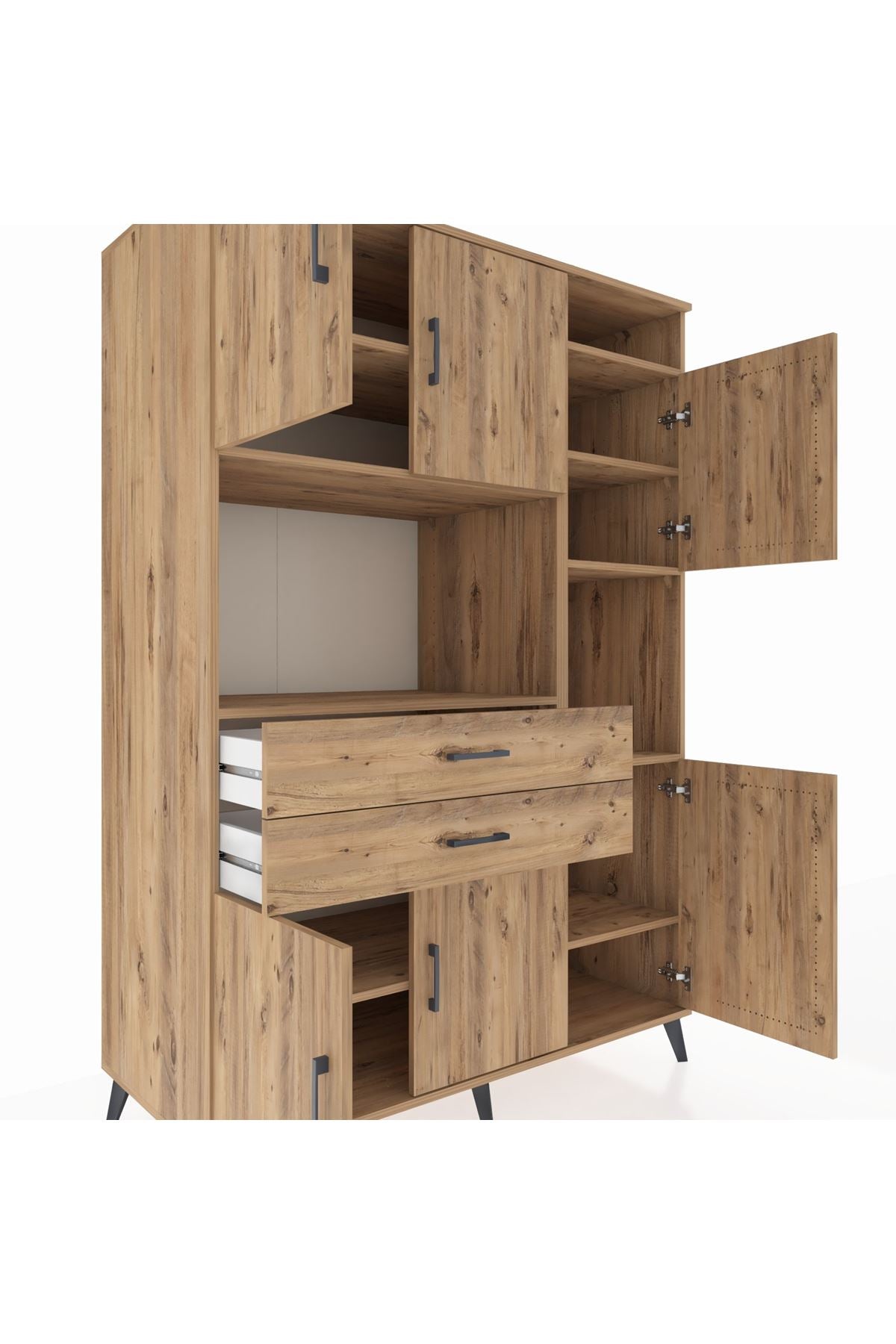 Kronos Dolap 9 Raflı 2 Çekmeceli 6 Kapaklı 132x59x195 Çam-Çam/Çam