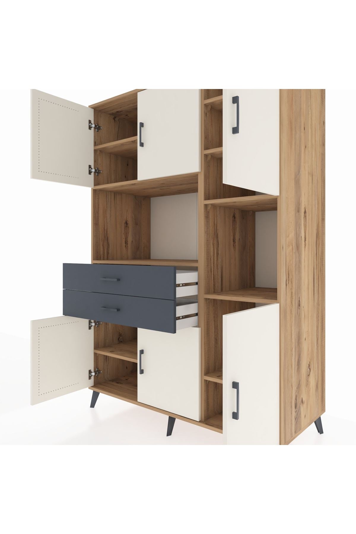 Kronos Dolap 9 Raflı 2 Çekmeceli 6 Kapaklı 132x59x195 Çam-Aytaşı/Antrasit