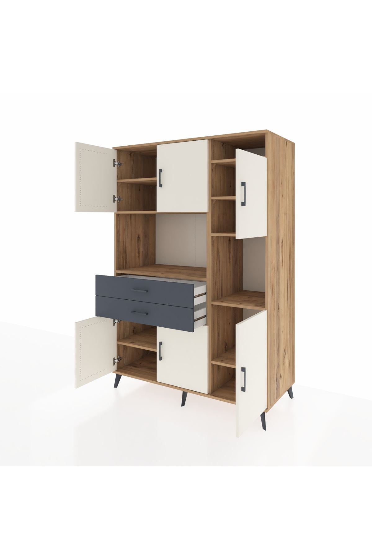 Kronos Dolap 9 Raflı 2 Çekmeceli 6 Kapaklı 132x59x195 Çam-Aytaşı/Antrasit