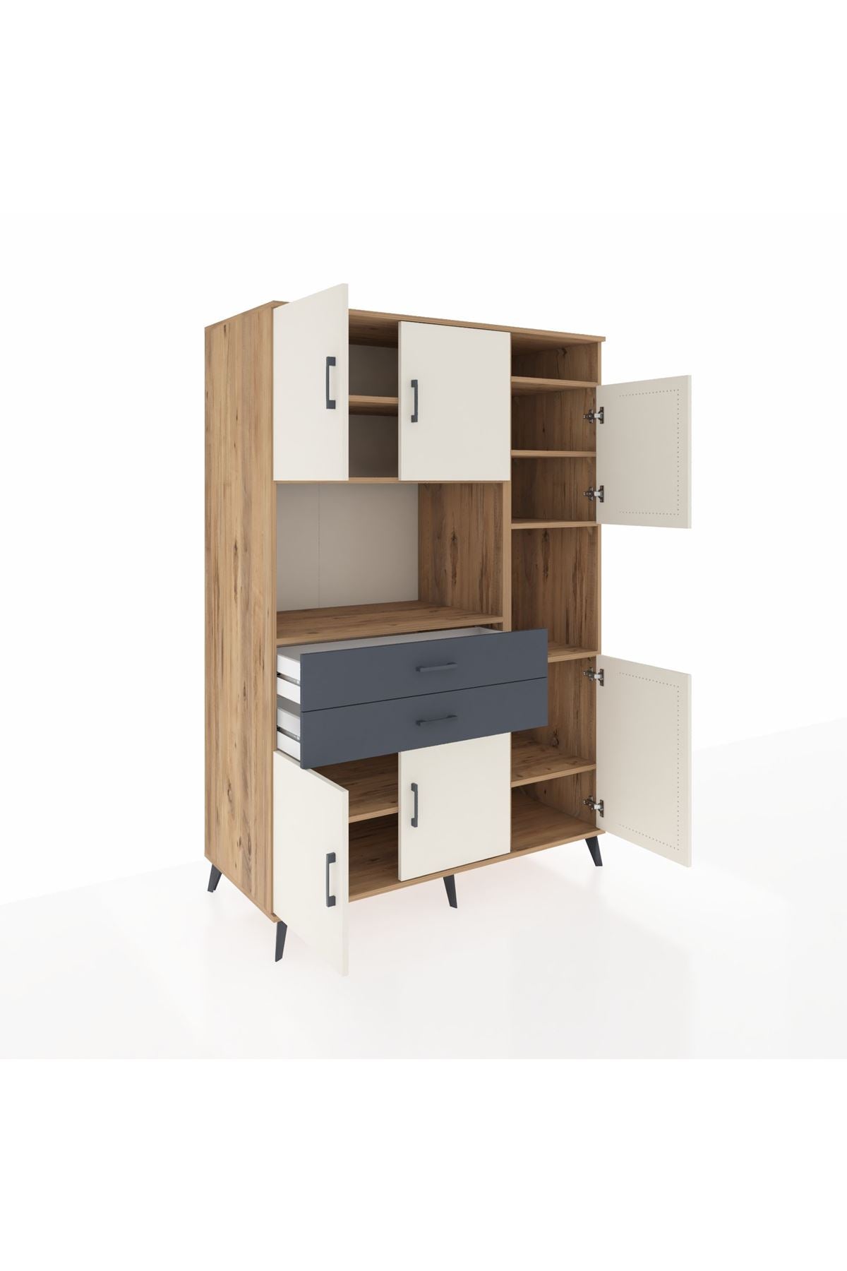 Kronos Dolap 9 Raflı 2 Çekmeceli 6 Kapaklı 132x59x195 Çam-Aytaşı/Antrasit