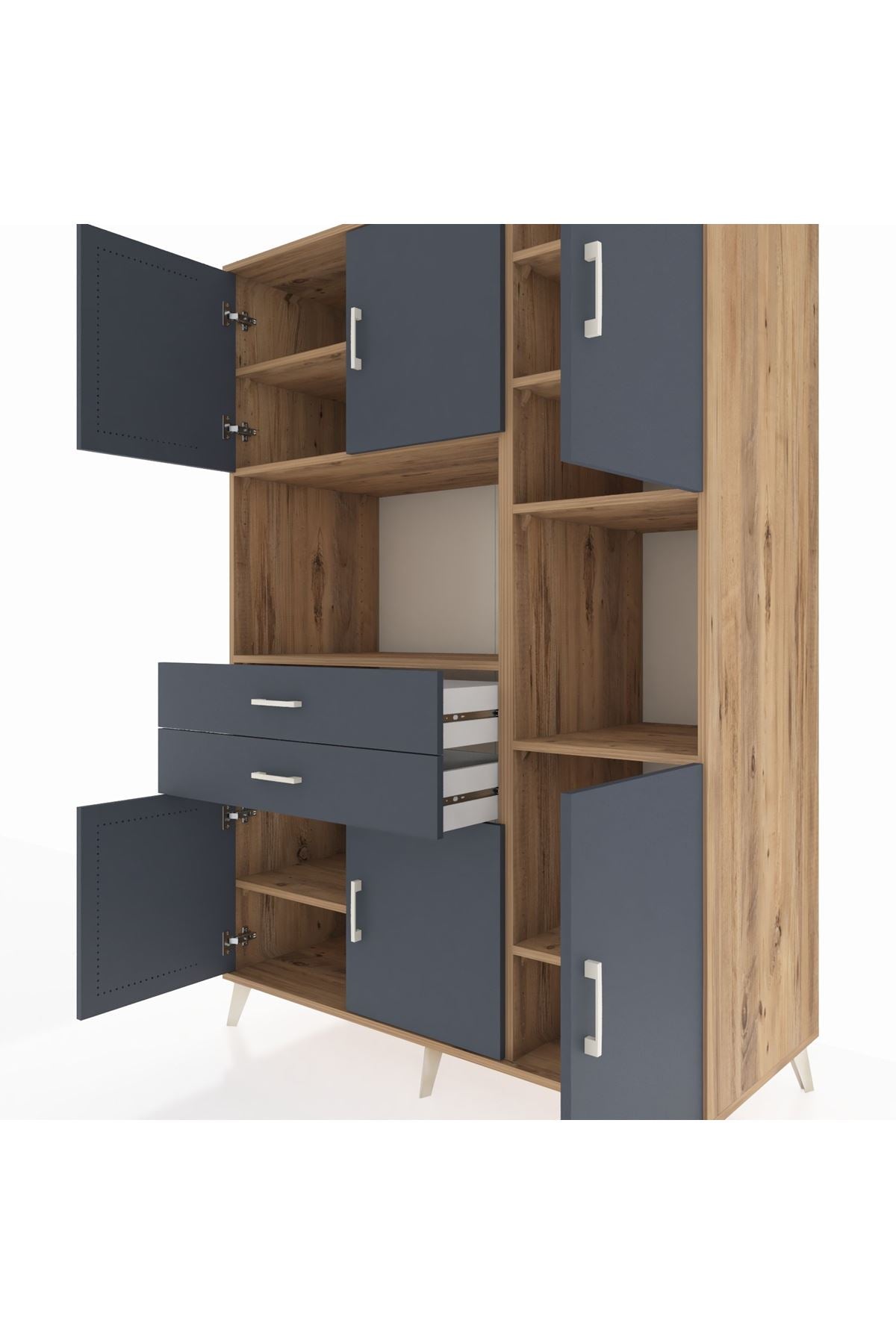 Kronos Dolap 9 Raflı 2 Çekmeceli 6 Kapaklı 132x59x195 Çam-Antrasit/Antrasit