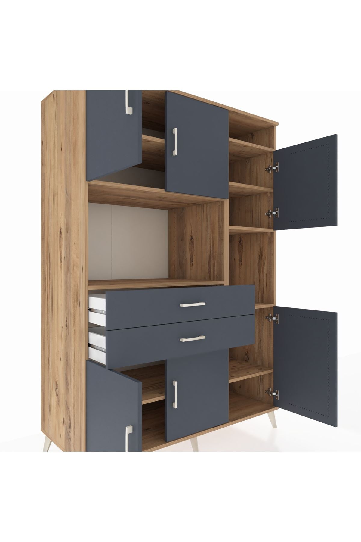 Kronos Dolap 9 Raflı 2 Çekmeceli 6 Kapaklı 132x59x195 Çam-Antrasit/Antrasit