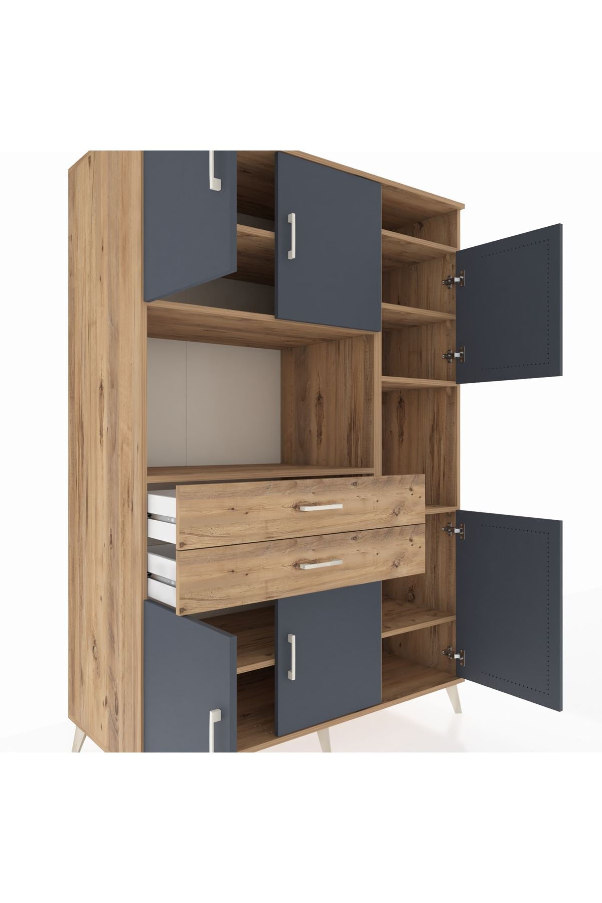 Kronos Dolap 9 Raflı 2 Çekmeceli 6 Kapaklı 132x59x195 Çam-Antrasit/Çam