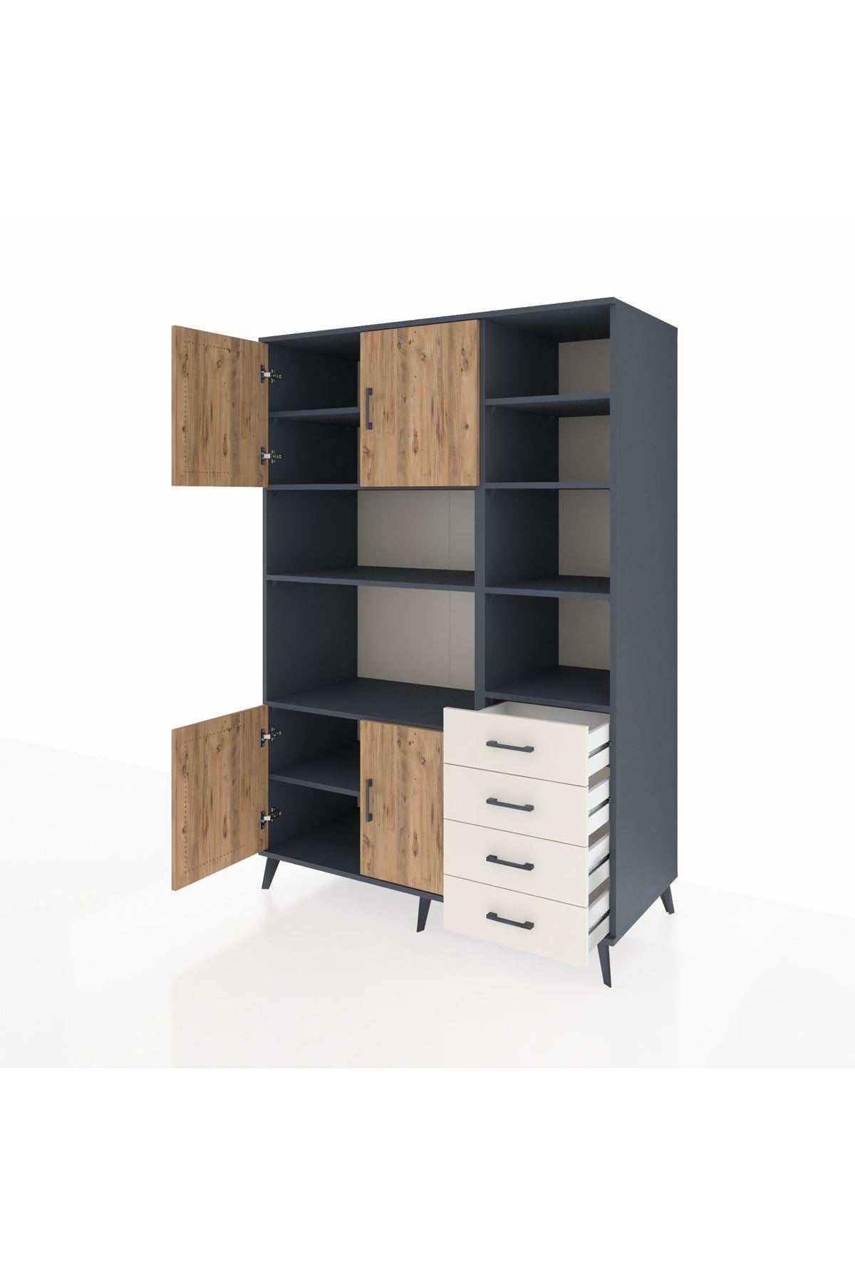 Kronos Dolap 9 Raflı 4 Çekmeceli 4 Kapaklı 132x59x195 Antrasit-Çam/Aytaşı