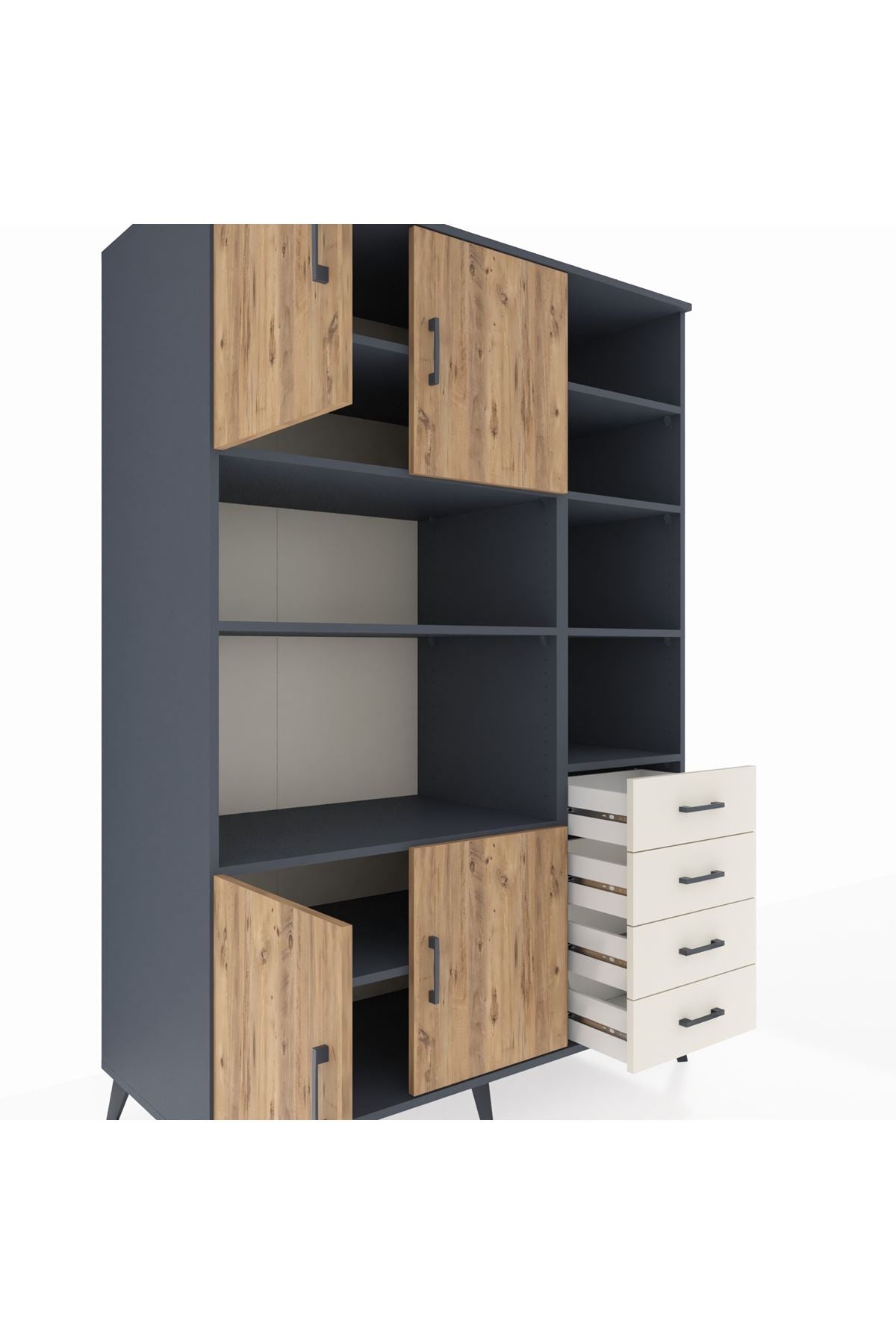 Kronos Dolap 9 Raflı 4 Çekmeceli 4 Kapaklı 132x59x195 Antrasit-Çam/Aytaşı