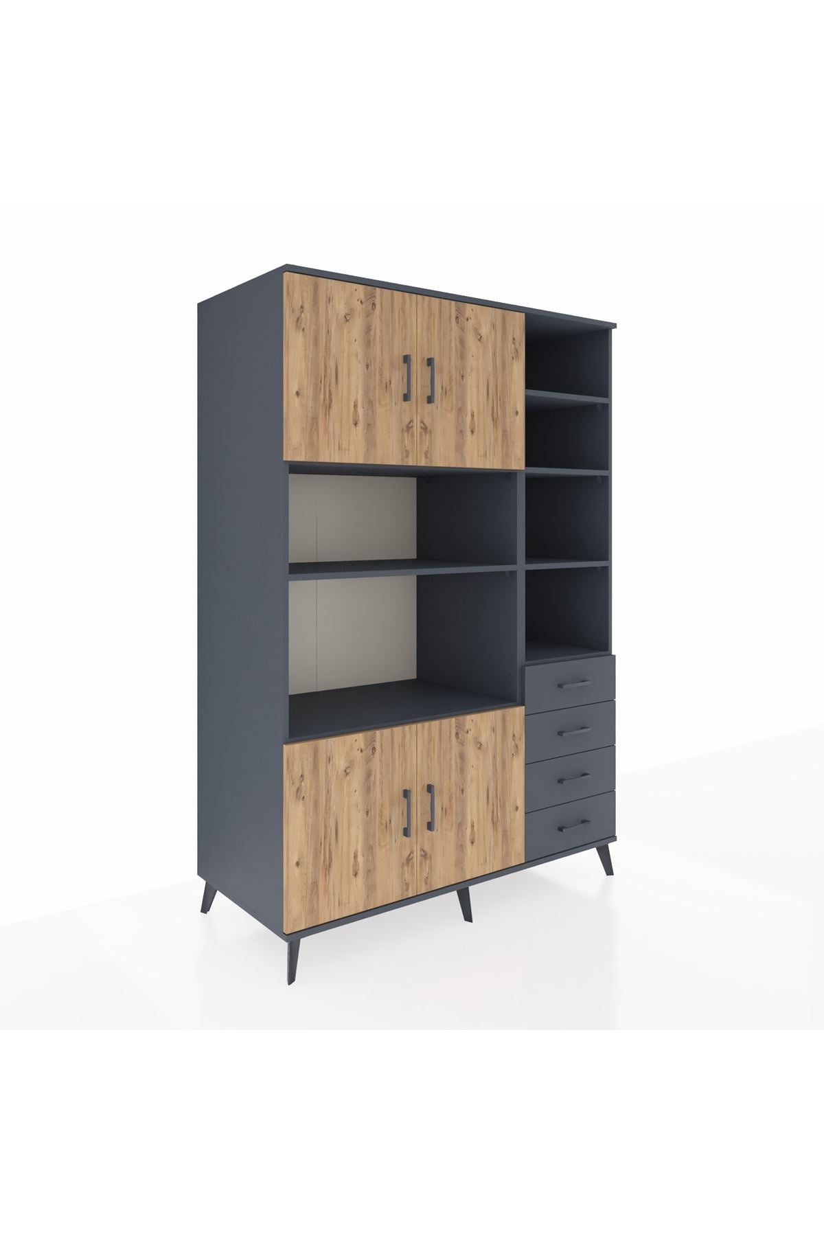 Kronos Dolap 9 Raflı 4 Çekmeceli 4 Kapaklı 132x59x195 Antrasit-Çam/Antrasit