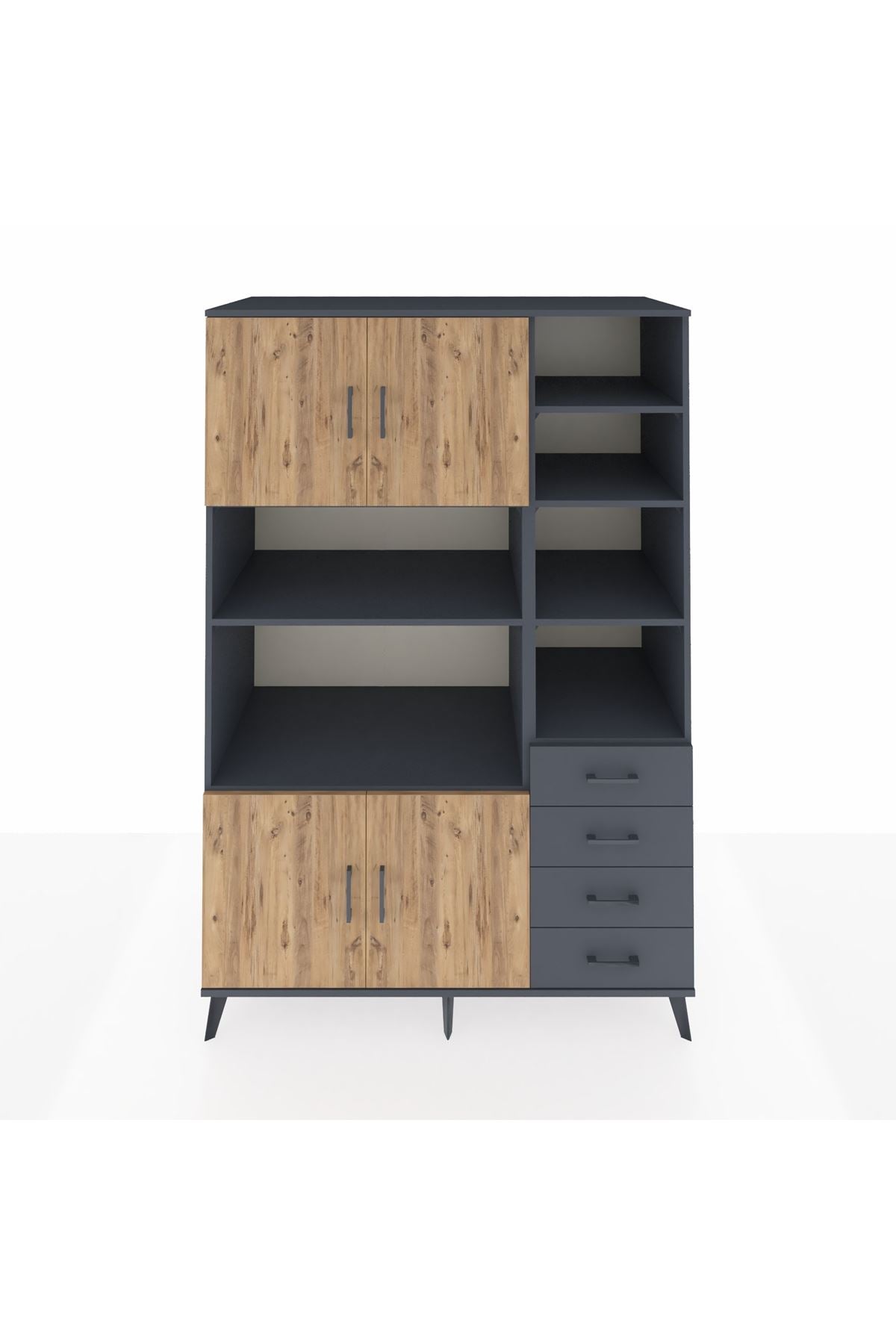Kronos Dolap 9 Raflı 4 Çekmeceli 4 Kapaklı 132x59x195 Antrasit-Çam/Antrasit