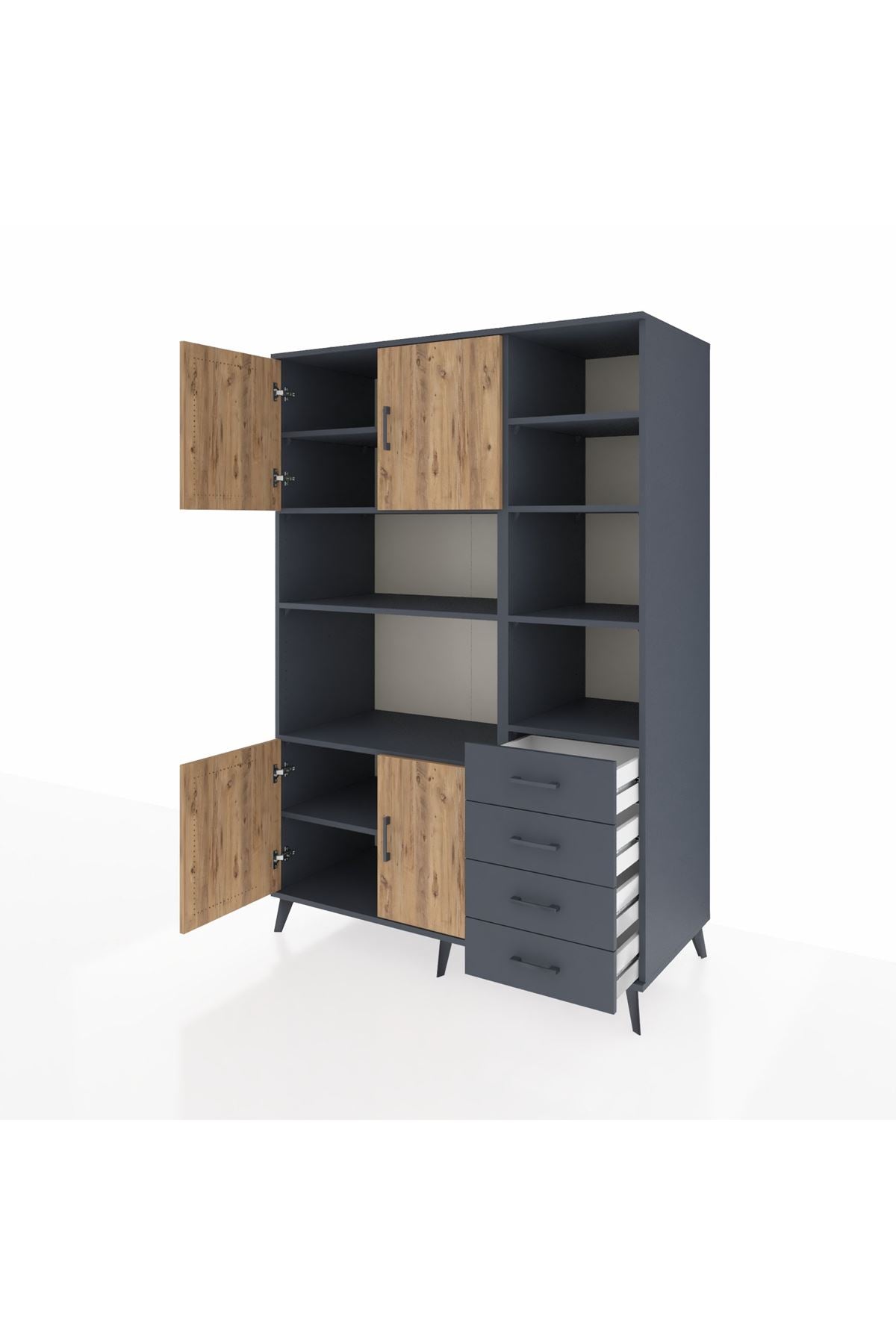 Kronos Dolap 9 Raflı 4 Çekmeceli 4 Kapaklı 132x59x195 Antrasit-Çam/Antrasit