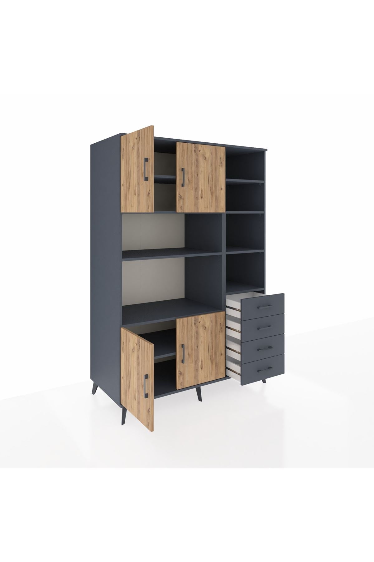 Kronos Dolap 9 Raflı 4 Çekmeceli 4 Kapaklı 132x59x195 Antrasit-Çam/Antrasit