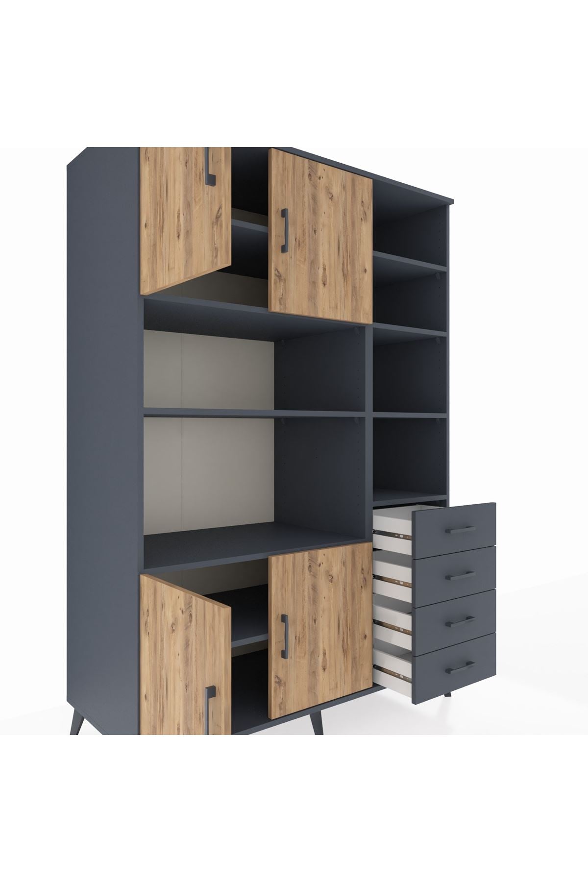 Kronos Dolap 9 Raflı 4 Çekmeceli 4 Kapaklı 132x59x195 Antrasit-Çam/Antrasit
