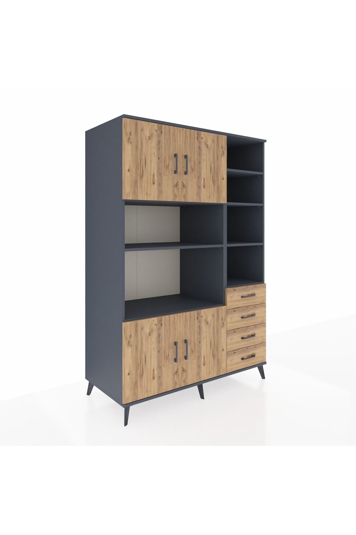 Kronos Dolap 9 Raflı 4 Çekmeceli 4 Kapaklı 132x59x195 Antrasit-Çam/Çam