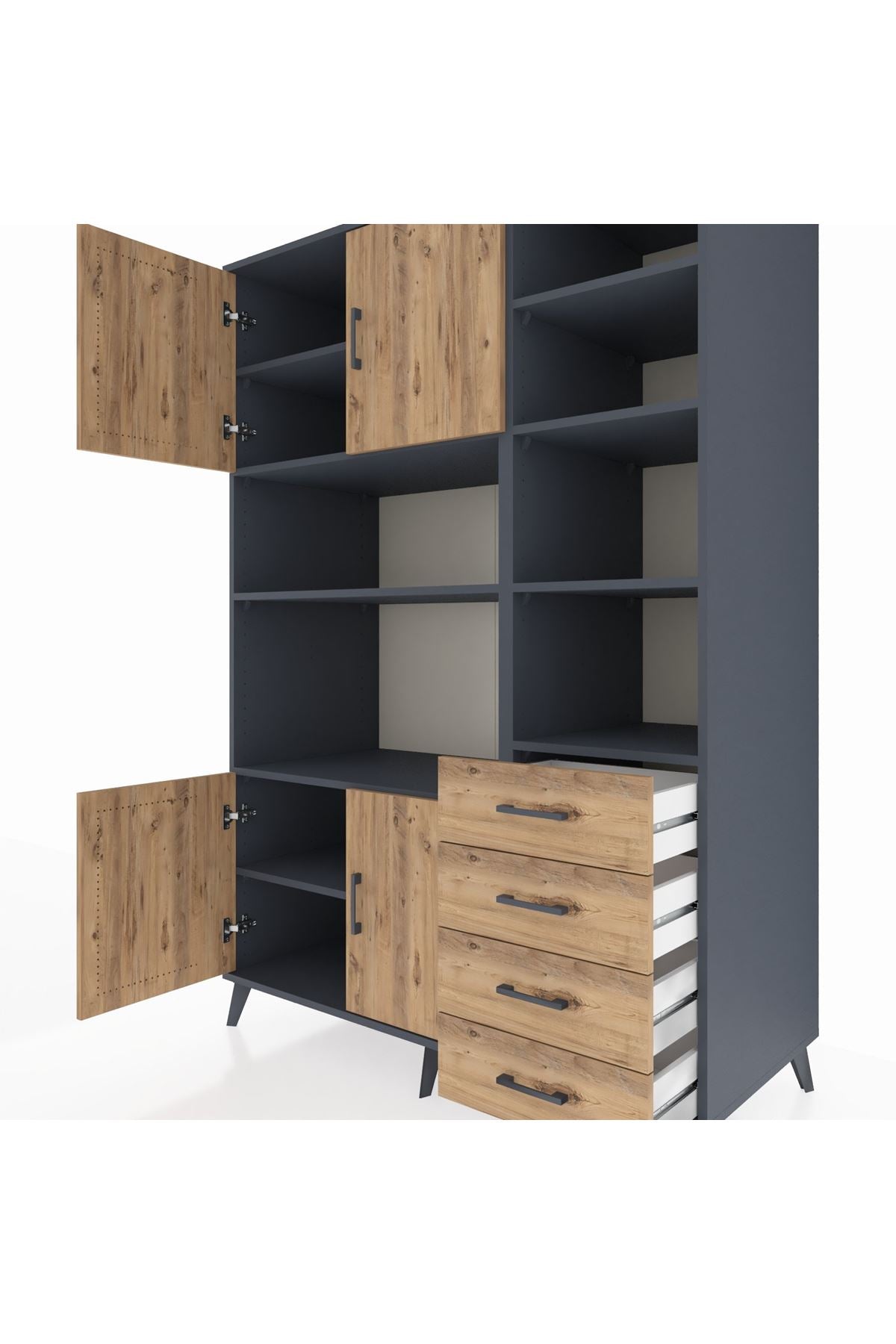 Kronos Dolap 9 Raflı 4 Çekmeceli 4 Kapaklı 132x59x195 Antrasit-Çam/Çam