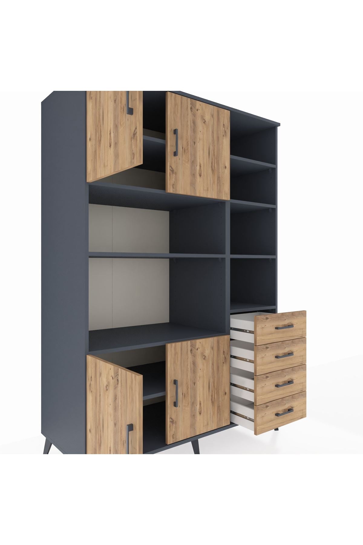 Kronos Dolap 9 Raflı 4 Çekmeceli 4 Kapaklı 132x59x195 Antrasit-Çam/Çam