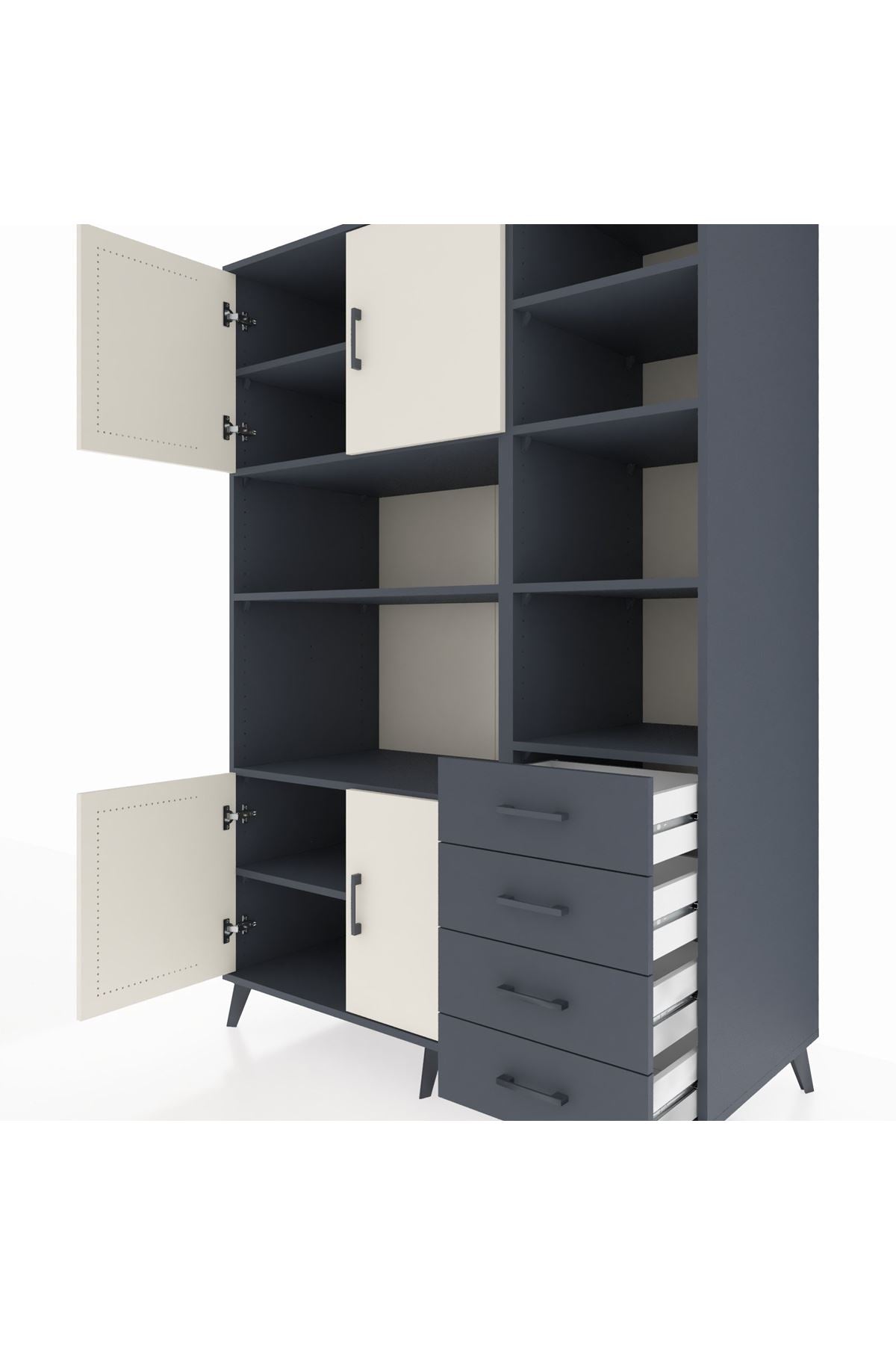 Kronos Dolap 9 Raflı 4 Çekmeceli 4 Kapaklı 132x59x195 Antrasit-Aytaşı/Antrasit