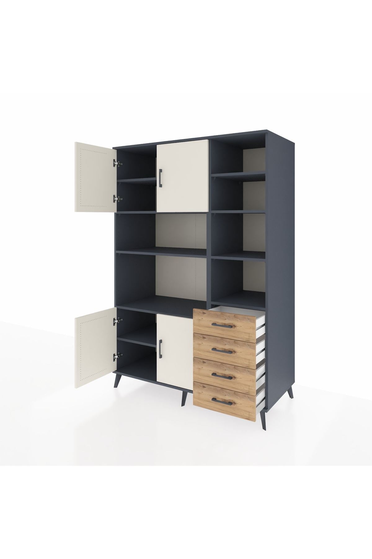 Kronos Dolap 9 Raflı 4 Çekmeceli 4 Kapaklı 132x59x195 Antrasit-Aytaşı/Çam