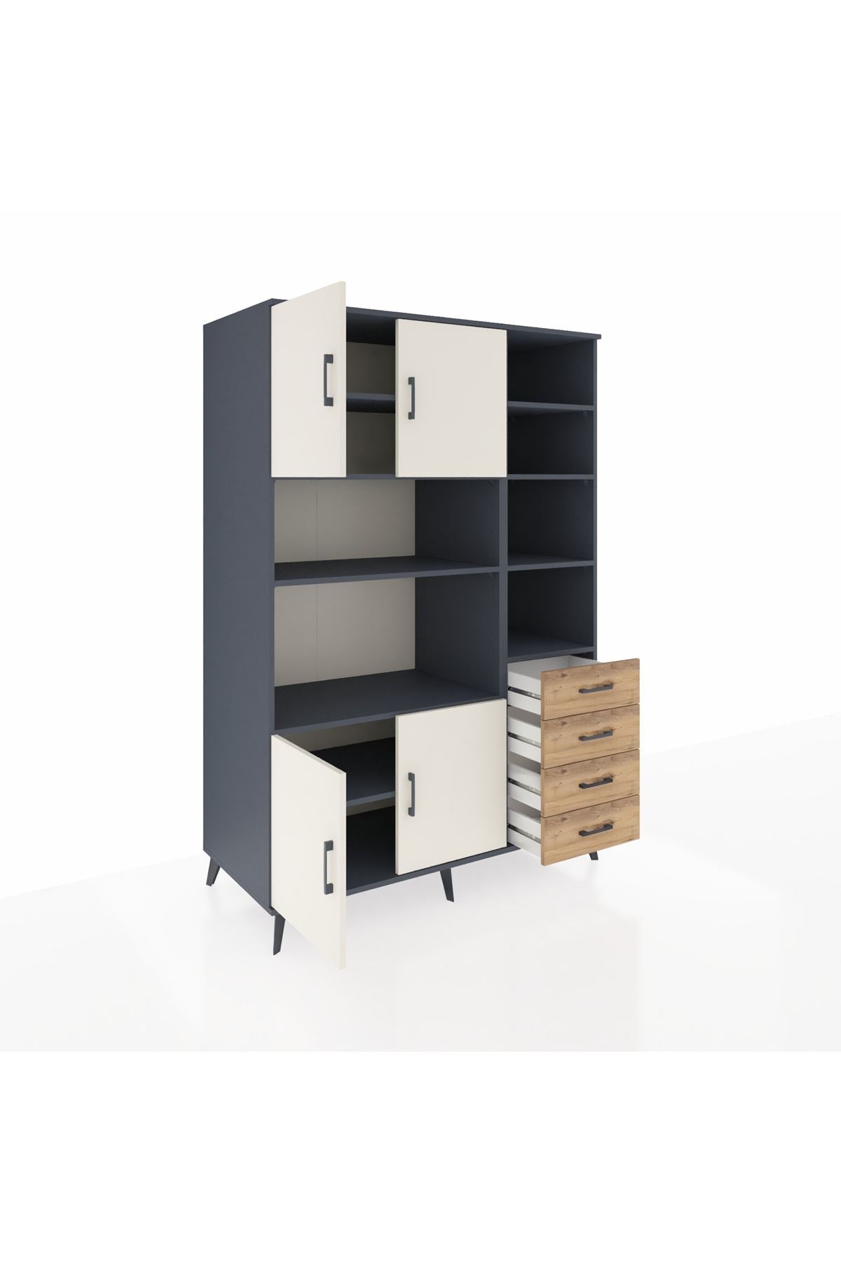 Kronos Dolap 9 Raflı 4 Çekmeceli 4 Kapaklı 132x59x195 Antrasit-Aytaşı/Çam