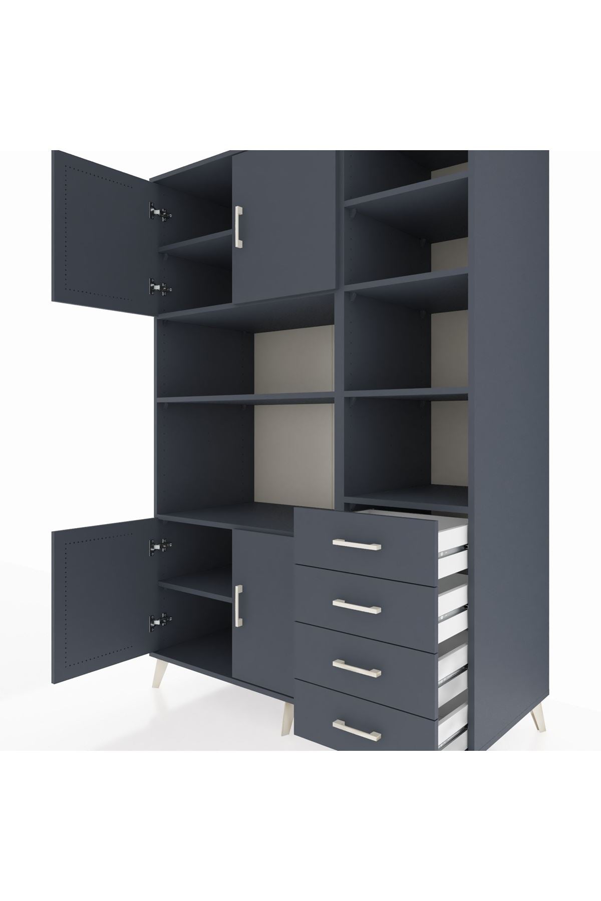 Kronos Dolap 9 Raflı 4 Çekmeceli 4 Kapaklı 132x59x195 Antrasit-Antrasit/Antrasit