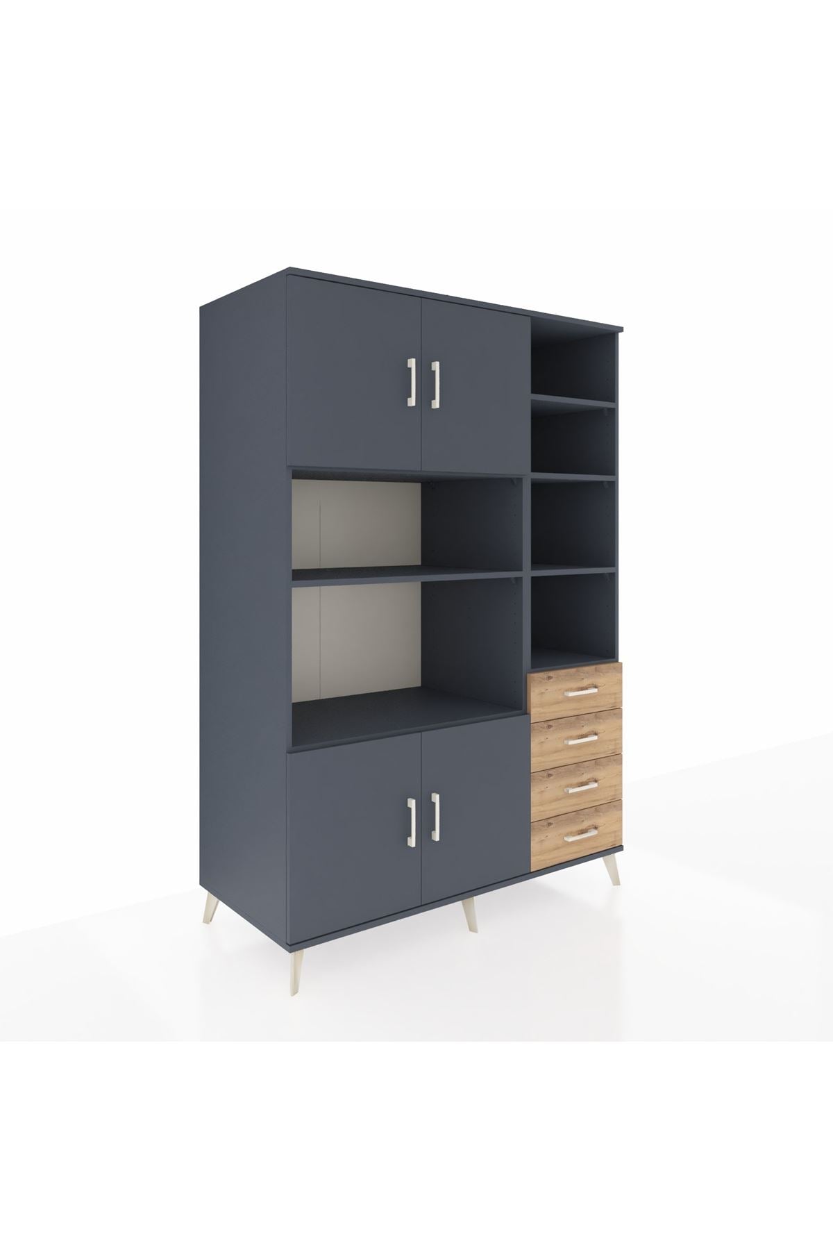 Kronos Dolap 9 Raflı 4 Çekmeceli 4 Kapaklı 132x59x195 Antrasit-Antrasit/Çam