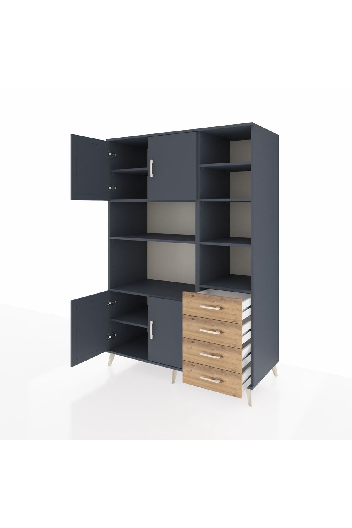 Kronos Dolap 9 Raflı 4 Çekmeceli 4 Kapaklı 132x59x195 Antrasit-Antrasit/Çam