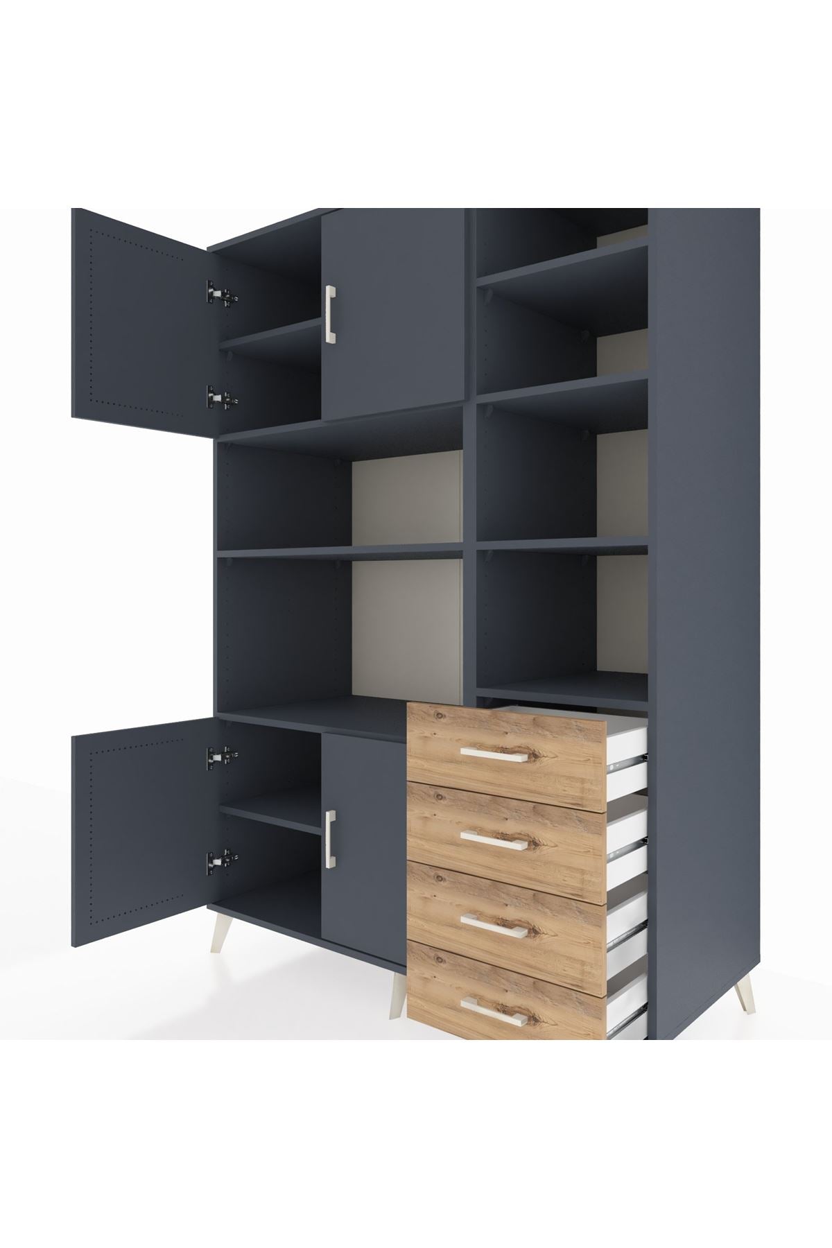 Kronos Dolap 9 Raflı 4 Çekmeceli 4 Kapaklı 132x59x195 Antrasit-Antrasit/Çam