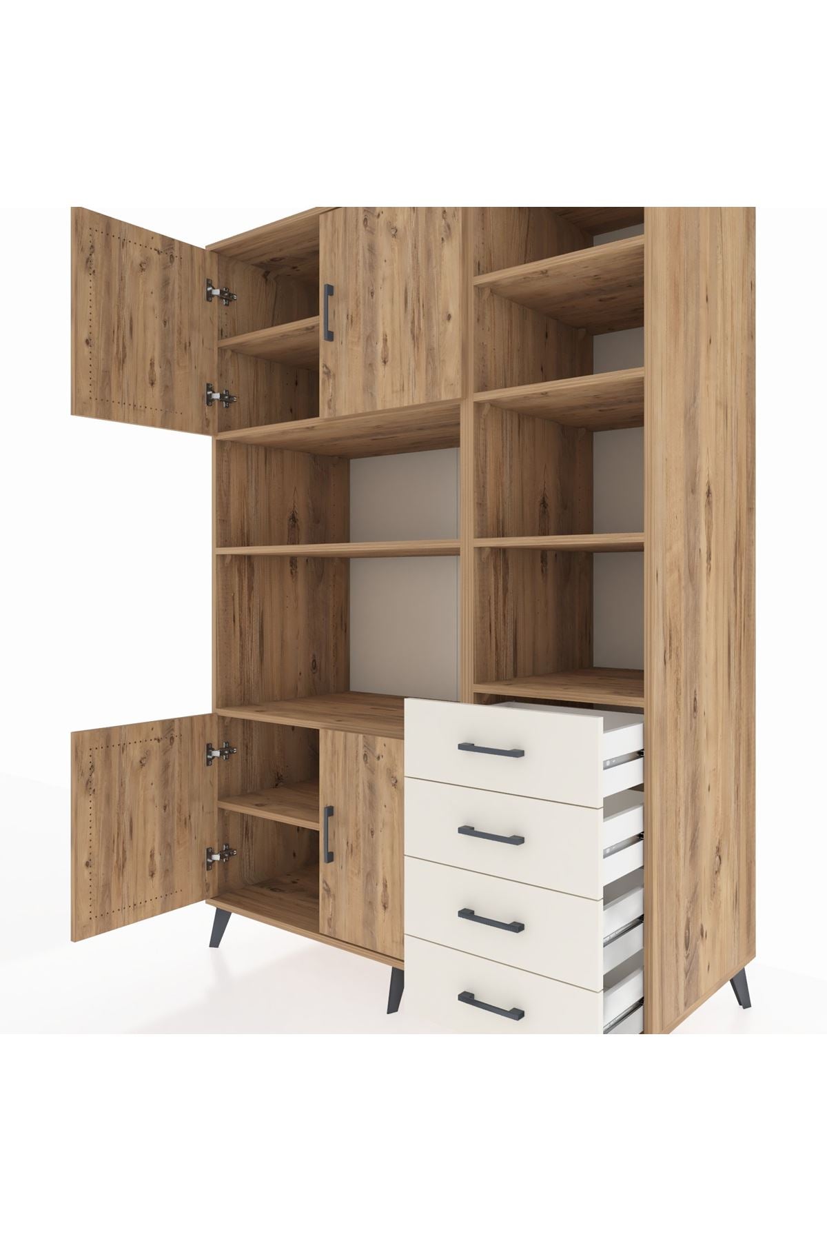 Kronos Dolap 9 Raflı 4 Çekmeceli 4 Kapaklı 132x59x195 Çam-Çam/Aytaşı