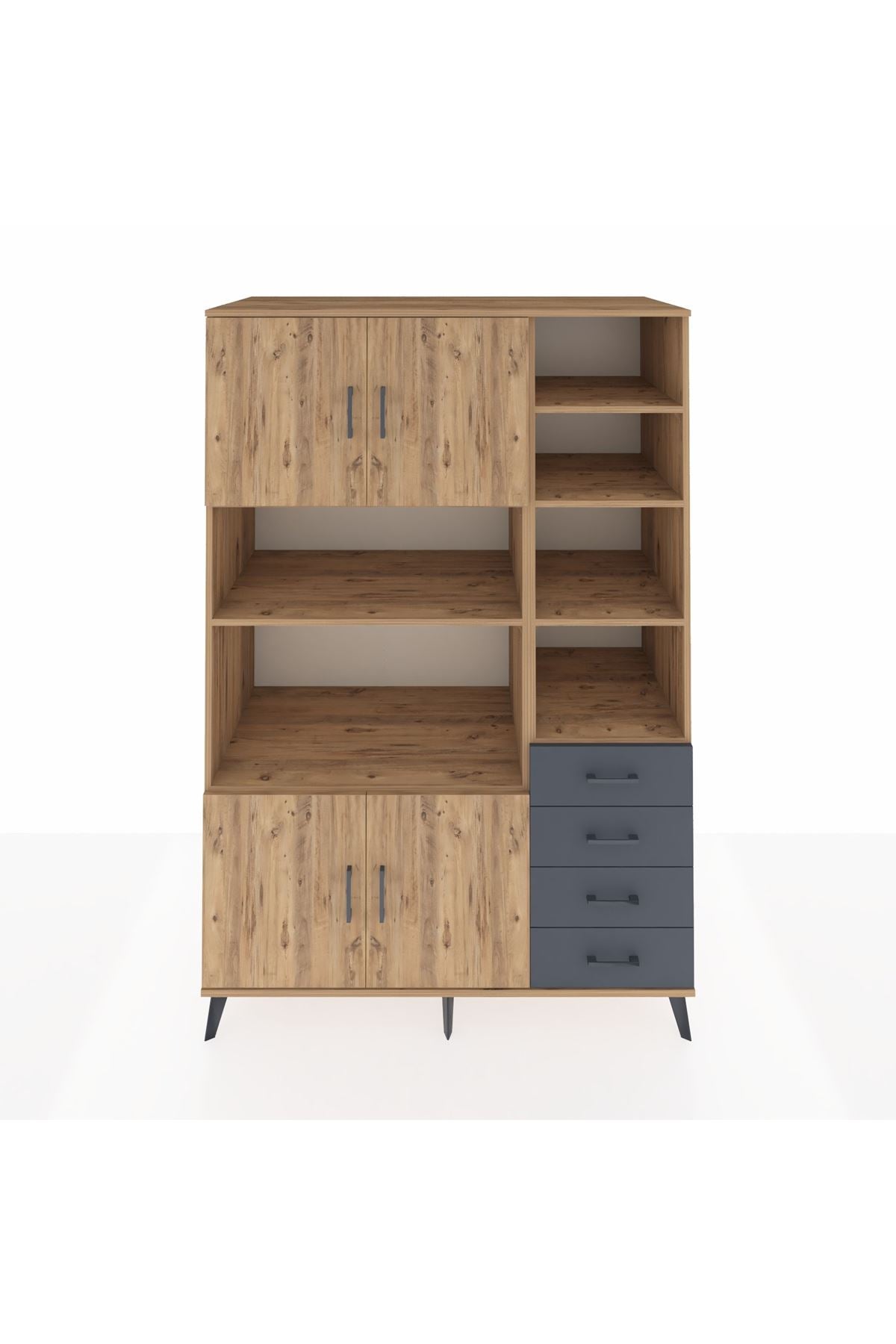 Kronos Dolap 9 Raflı 4 Çekmeceli 4 Kapaklı 132x59x195 Çam-Çam/Antrasit