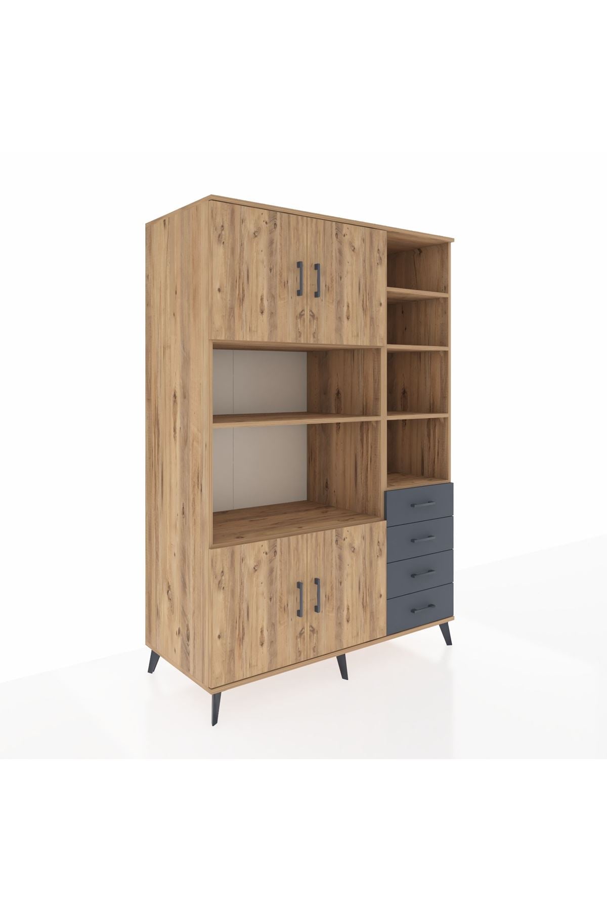 Kronos Dolap 9 Raflı 4 Çekmeceli 4 Kapaklı 132x59x195 Çam-Çam/Antrasit