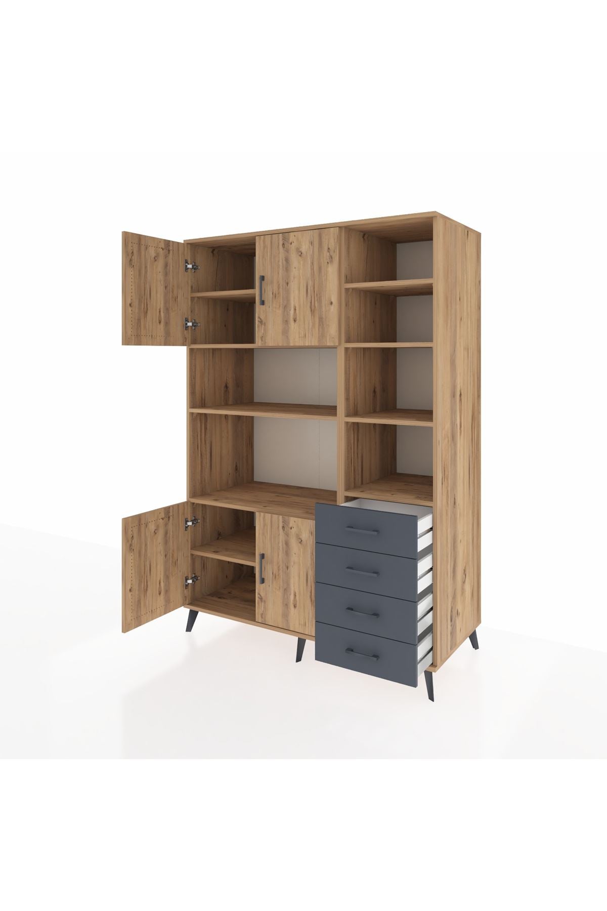 Kronos Dolap 9 Raflı 4 Çekmeceli 4 Kapaklı 132x59x195 Çam-Çam/Antrasit