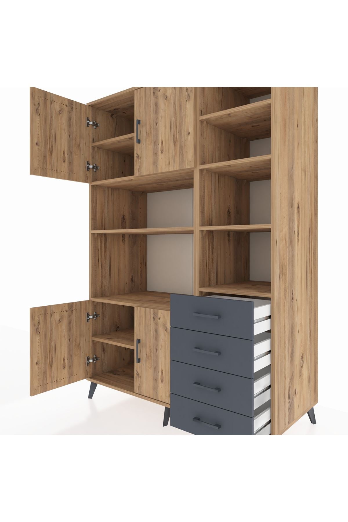 Kronos Dolap 9 Raflı 4 Çekmeceli 4 Kapaklı 132x59x195 Çam-Çam/Antrasit