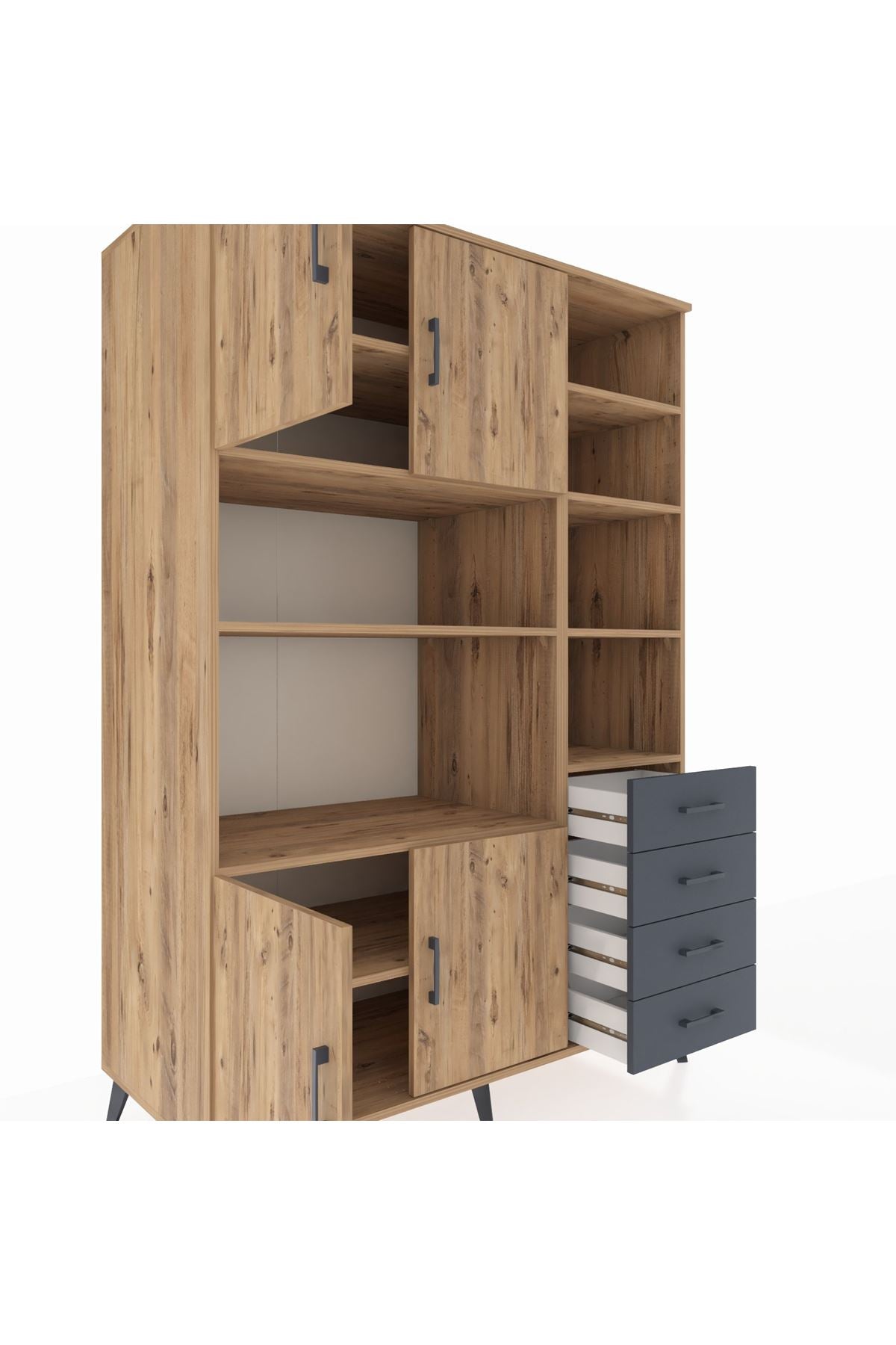 Kronos Dolap 9 Raflı 4 Çekmeceli 4 Kapaklı 132x59x195 Çam-Çam/Antrasit