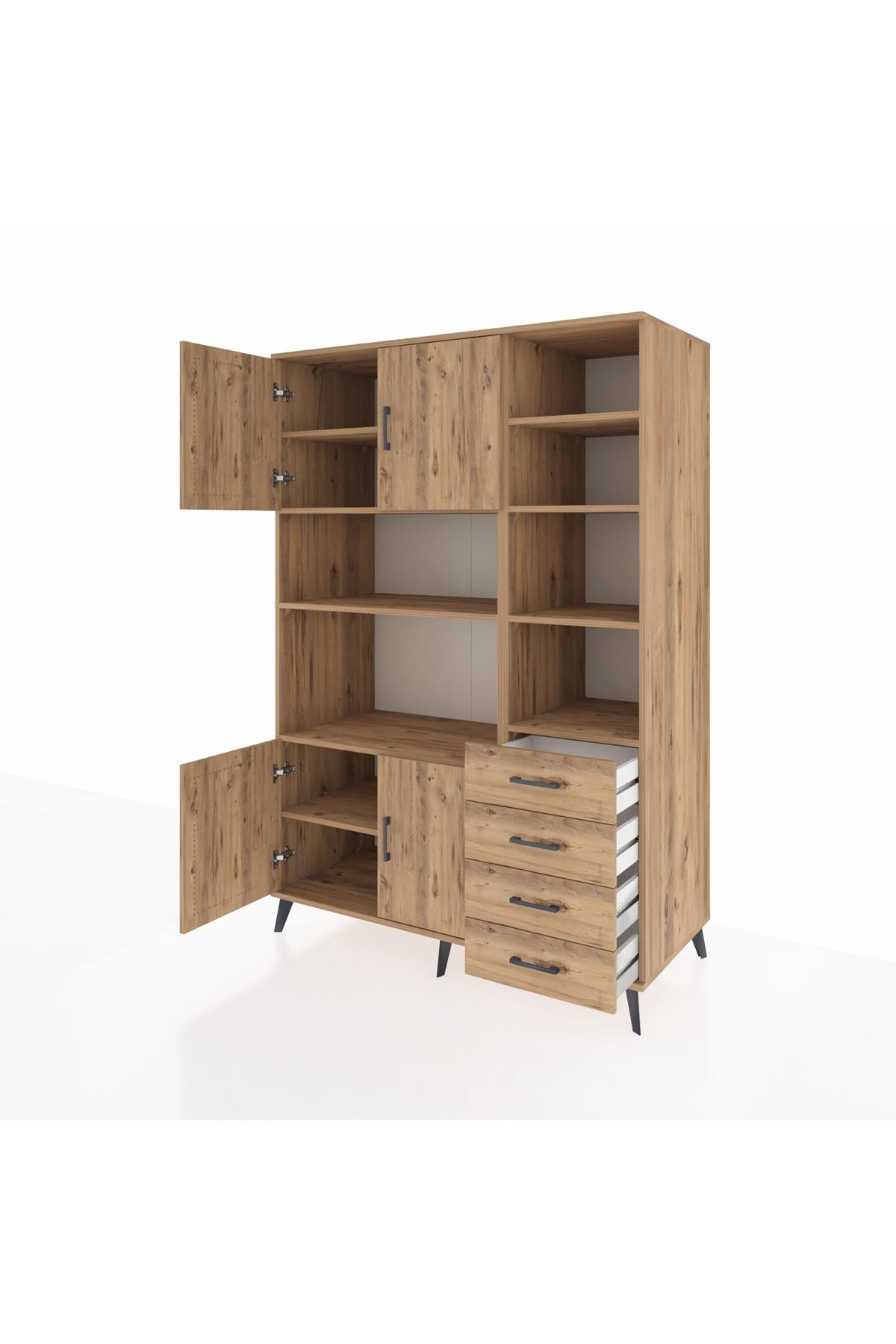 Kronos Dolap 9 Raflı 4 Çekmeceli 4 Kapaklı 132x59x195 Çam-Çam/Çam