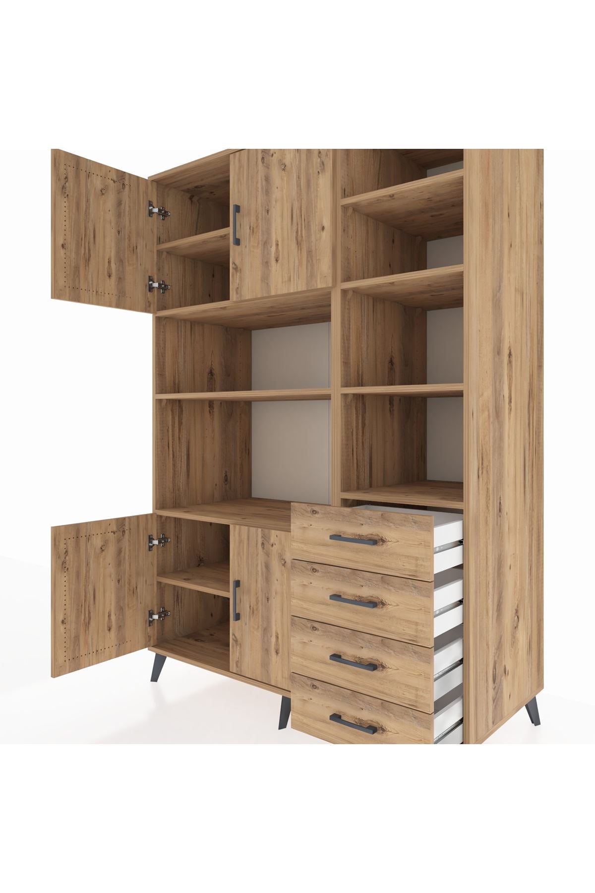 Kronos Dolap 9 Raflı 4 Çekmeceli 4 Kapaklı 132x59x195 Çam-Çam/Çam